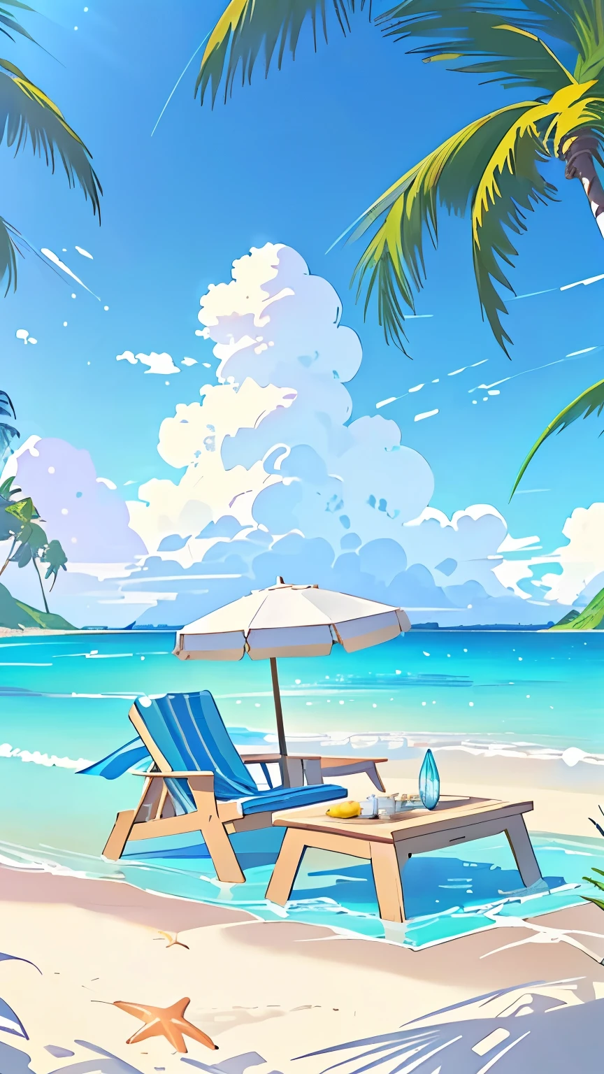 There is a beach scene，There are two lounge chairs and a table., Relaxation concept art, Amazing wallpapers, Ross Chen. Landscape background, relaxing environment, Beautiful digital artwork, Anime Background Art, summer time, Breeze Background, Seaside background, Personal room background, Paradise in the background, Island Background, Wallpaper Anime Blue Water, magnificent background, Amazing background