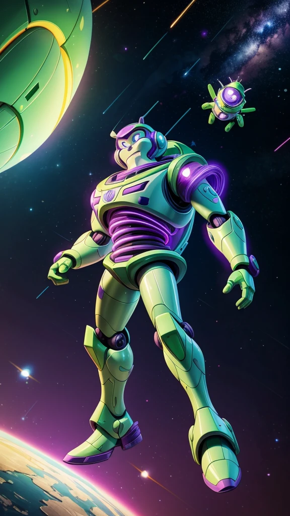 Buzz Lightyear, a futuristic robot,a space ranger suit,green and purple color scheme,metallic details,glowing lights,mechanical parts,rocket boosters,detailed machinery,high tech gadgets,advanced technology,flying in space,alien landscape background,dramatic lighting,cinematic composition,vibrant colors,photorealistic,8k,best quality,masterpiece