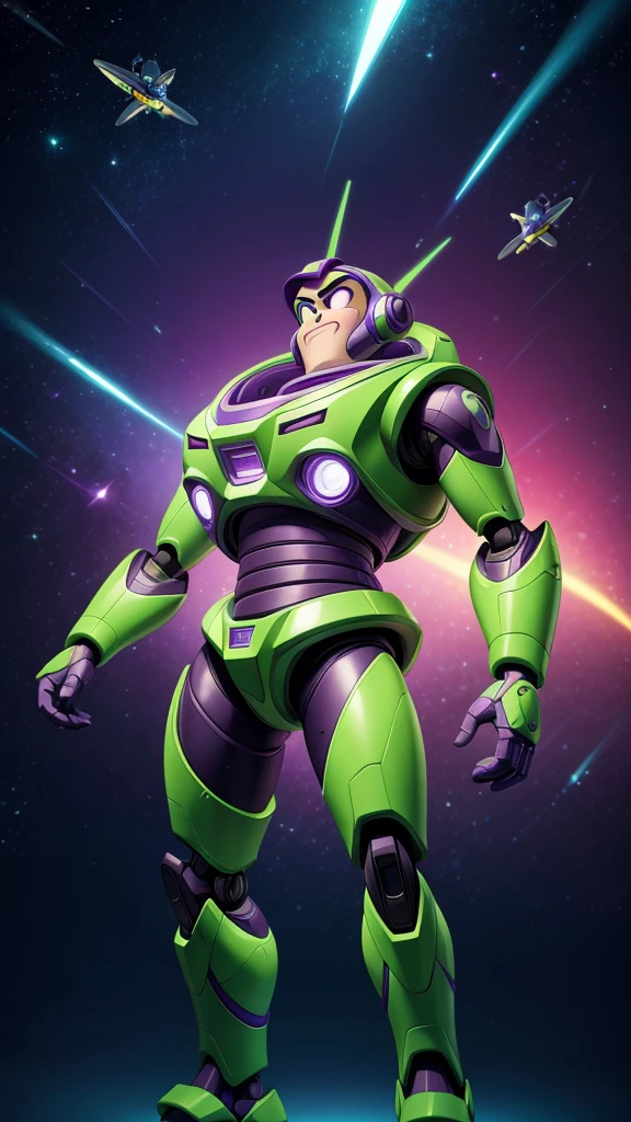 Buzz Lightyear, a futuristic robot,a space ranger suit,green and purple color scheme,metallic details,glowing lights,mechanical parts,rocket boosters,detailed machinery,high tech gadgets,advanced technology,flying in space,alien landscape background,dramatic lighting,cinematic composition,vibrant colors,photorealistic,8k,best quality,masterpiece