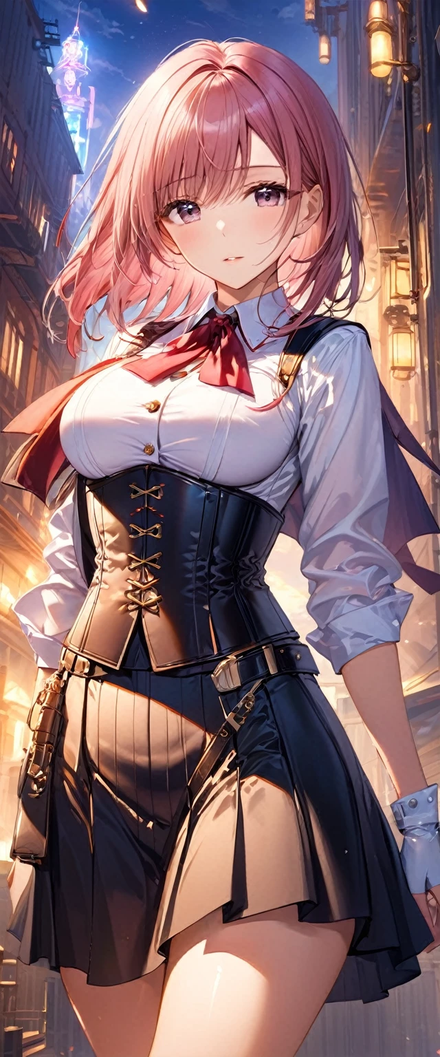 (((masterpiece)))、((highest quality))、(Very detailed)、(CG illustration)、(Very beautiful girl))、Cinematic Light、(((1 Mechanical Girl)))、 SF、Apocalypse、eroguro、graduate school(Beautiful and luxurious:1.2)、(1 girl:1.3)、Look forward, (Double-breasted,Underbust:1.2), Button gap,(((Corset belt))),(((High Waist Skirt,)))