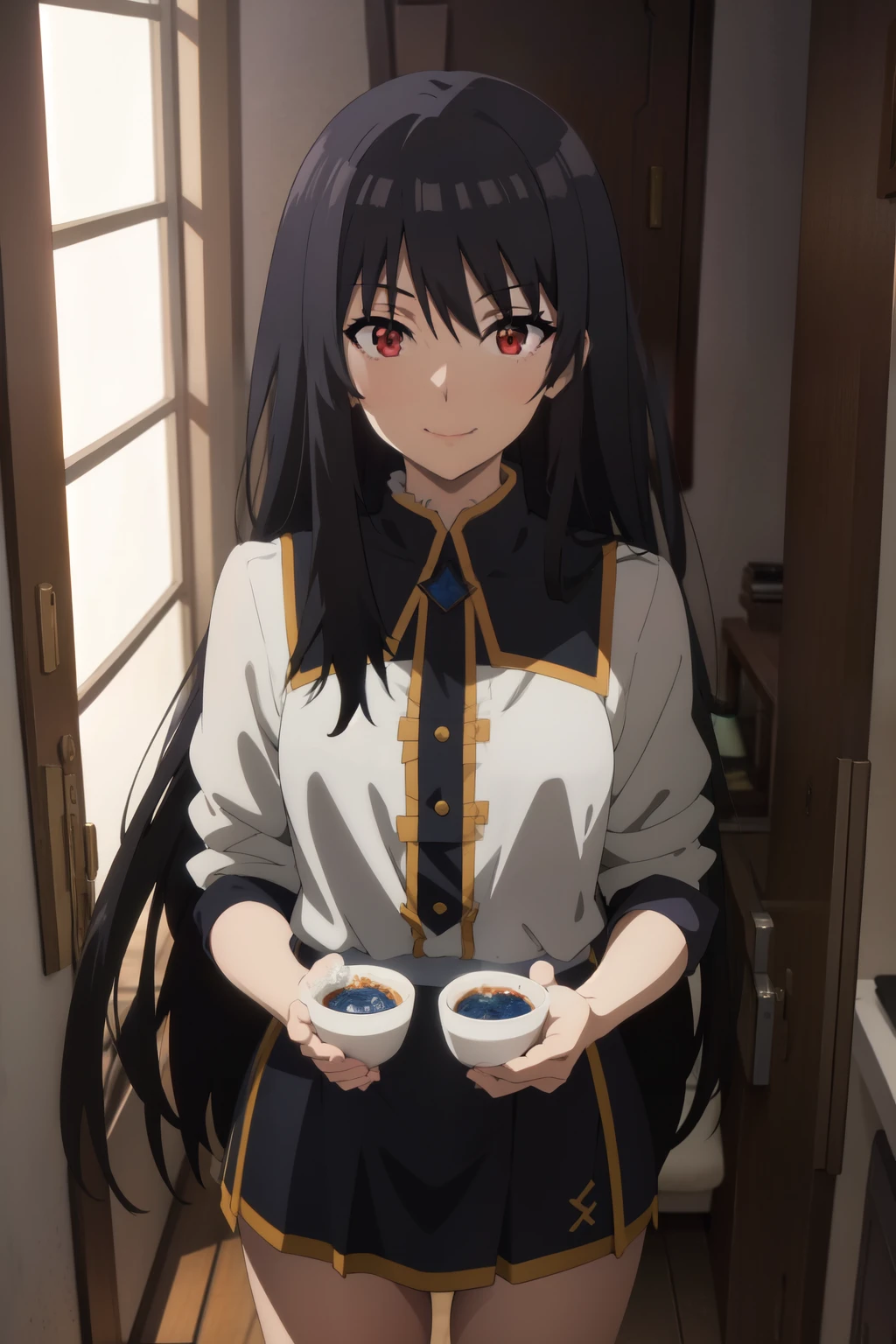 Anime background art, bottom of room, one bed, standing, beautiful anime scenes, 4K anime art wallpaper, 4k anime art wallpaper, Rosla global illumination, anime girl, best quality, detailed, 1 girl, alone, same as LORA, same as lora, closed mouth, light smile, black hair, long hair, defined eyes, red eyes, looking at viewer, custom.