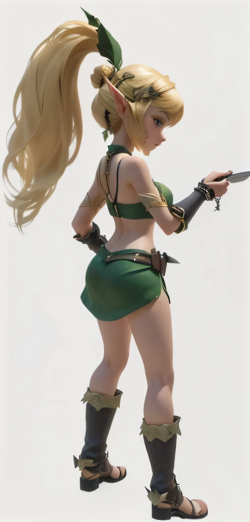 a close-up portrait of a woman wearing a green outfit and holding a knife, a female elf, a golden-haired emerald warrior, a back view of an elven girl, an elven warrior, a 3D character concept, 3D rendered character art in 8K, highly detailed fantasy character, a forest huntress woman, a rendered cute 3D anime girl, video game character concept