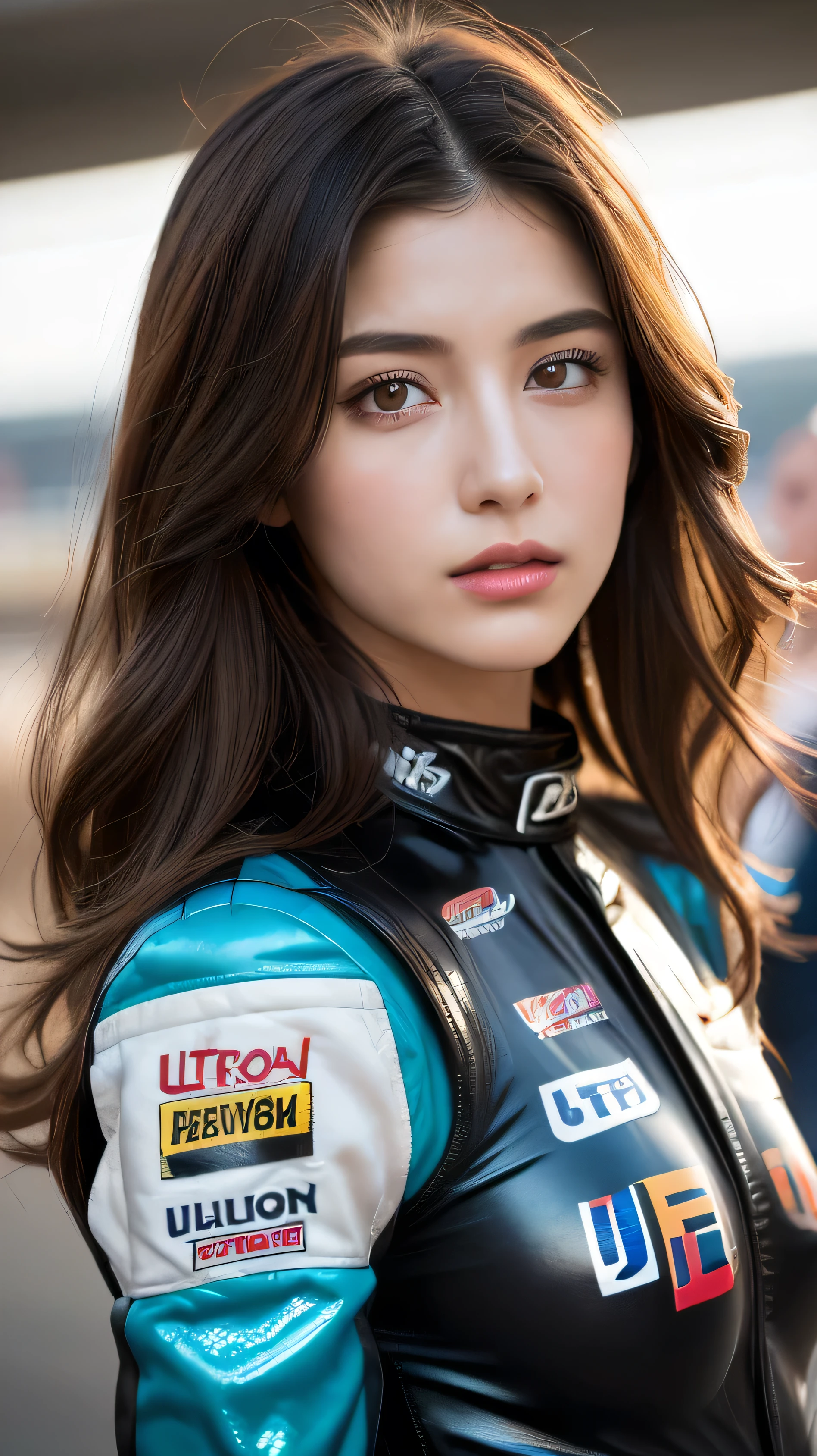 Bust up shot, Dynamic Lighting, (highest quality:1.4), 32K resolution, (Realistic:1.5), (Ultra-realistic:1.5), High resolution UHD, (masterpiece:1.2), (Improvement of quality:1.4), (1.Lady), Supermodel, Female rider, 21 years old, Perfect Anatomy:1.37, Standing pose, (Wearing a super shiny racing suit:1.37), (Wearing a long-sleeved racing suit:1.1), (Wearing an orange racing suit:1.21), (Many suits with logos), Racing Gloves, Have a helmet:1.21, (On the vast race circuit:1.37), (Sunny day outdoors;1.37), shut up, Fine eyelashes,  Sharpen your eyebrows, [Pink lipstick:0.8], (Very lethargic details:1.25), (Light pale complexion), Symmetrical eyes, Natural Makeup, ((A great eye for quality:1.2)), (tired, Sleepy and satisfied:0.0), (Beautiful Lips:1.33), (Great nose:1.2),  (Flat Chest), (Slim lower body), Shiny brown hair, Let your bangs hang long, (Wavy Hair:1.21), ((Realistic)), ((Sharp focus)), ((The most ridiculous quality)), (Ultra-high resolution:1.6), Inspiring and spectacular cinema lighting,