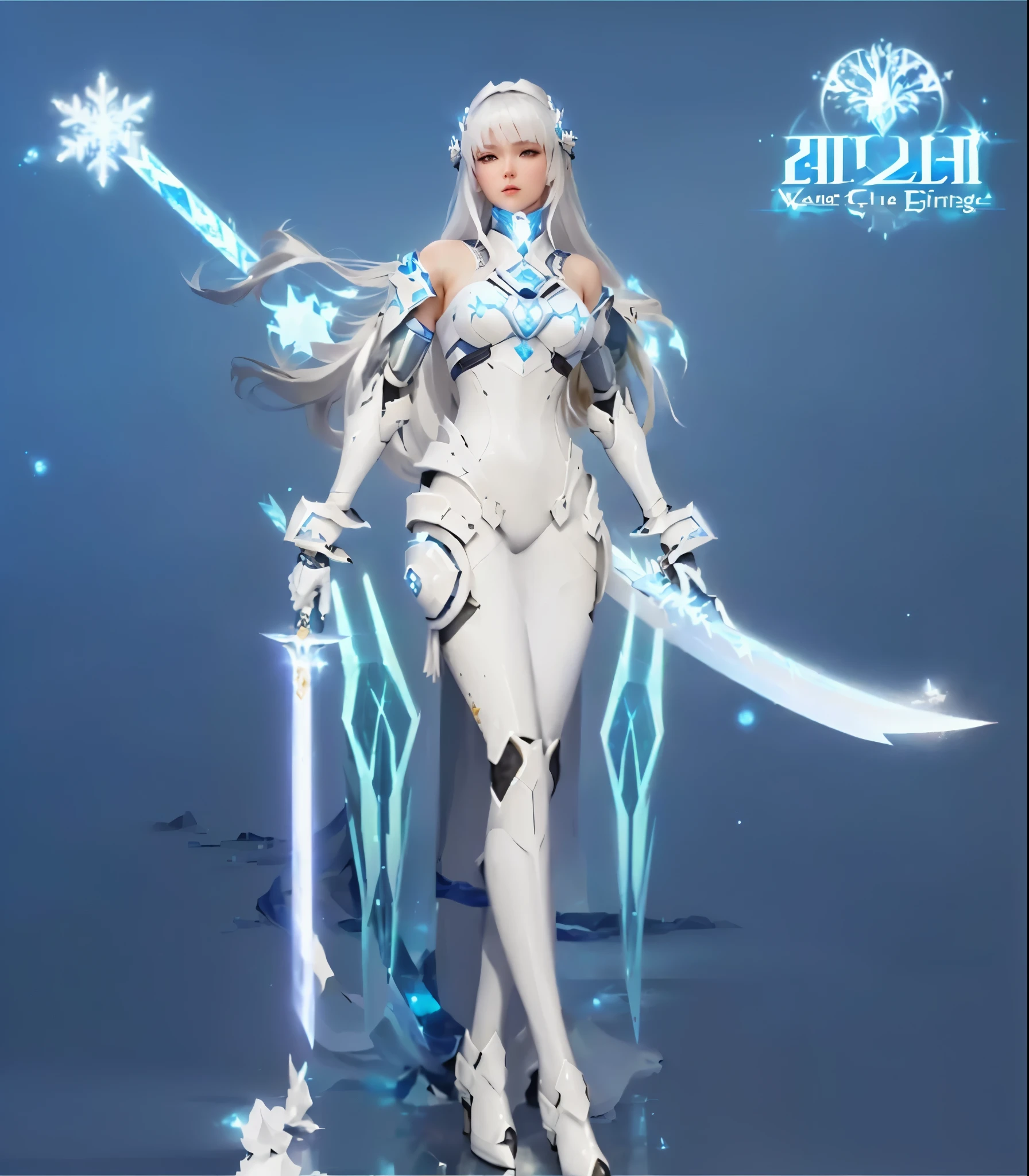 A woman in white holding a sword and a saber,Clear face,glossy white armor, The goddess of the universe, full body xianxia, Zodiac Knight Girl, Sleek bright white armor, Lineage 2 style, Wear futuristic white armor, Ice crystal armor, This character has cryokinesis abilities, Biblical female robots, Silver Ice Reflective Armor, I'm going