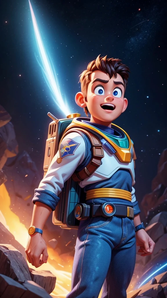 a highly detailed digital art illustration of Buzz Lightyear, character from the Pixar movie Toy Story, photorealistic, cinematic lighting, sharp focus, 8k, hyperrealistic, 3D render, space ranger uniform, heroic pose, soaring through the cosmos, glowing jetpack, intense expression, chiseled facial features, piercing gaze, dynamic action, vibrant colors, dramatic lighting, cinematic composition