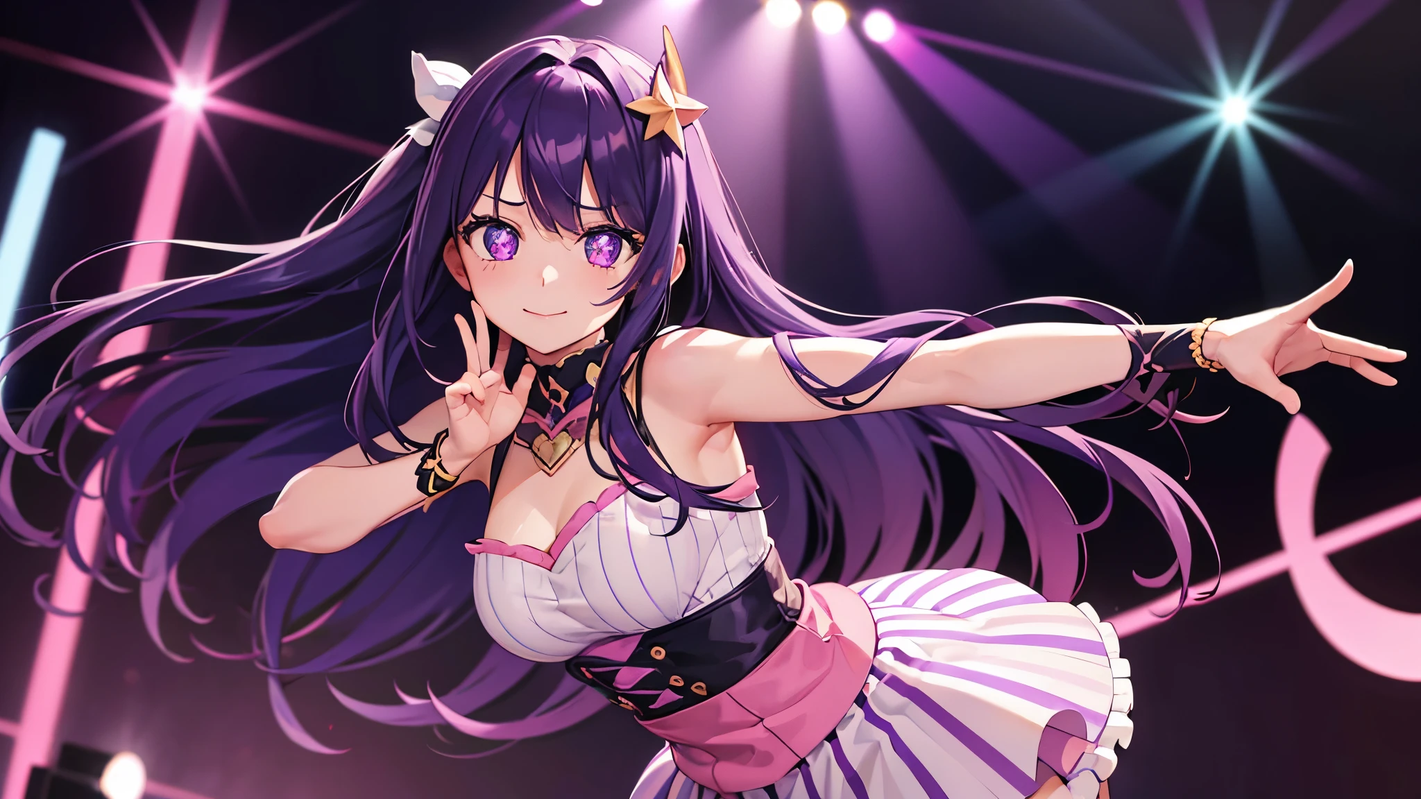 1 girl,(Ai Hoshino, Long Hair, Purple Hair, Striped Hair ,Purple eyes, Star-shaped pupils, hair ornaments) ,((masterpiece)), (highest quality), (Beautiful fine details), (Super detailed), (Fine details), (High resolution), 8k, Cinema Lighting, colorful, 1 girl, cute, More professional photos of stunning girls, Sharp focus, dramatic, Cute smile, Cheerful, on stage, Spotlight, cute idol costumes, concert, Cowboy Shot, Dynamic Angle, Dutch Angle, Dancing, (cute, pastel colour),、Nice hands, Perfect hands,