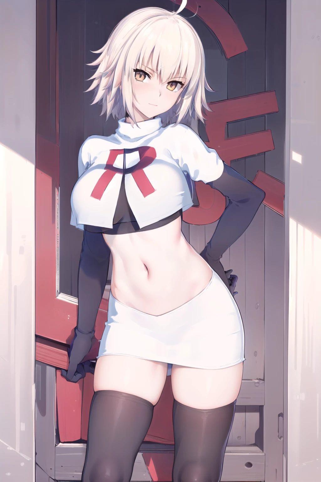 ((masterpiece, best quality,distinct image)), 1girl,solo, jeanne d'arc alter, large breasts, ahoge,looking at viewer, cowboy shot, team rocket,team rocket uniform,white skirt,red letter R,crop top,black thigh-highs,black elbow gloves