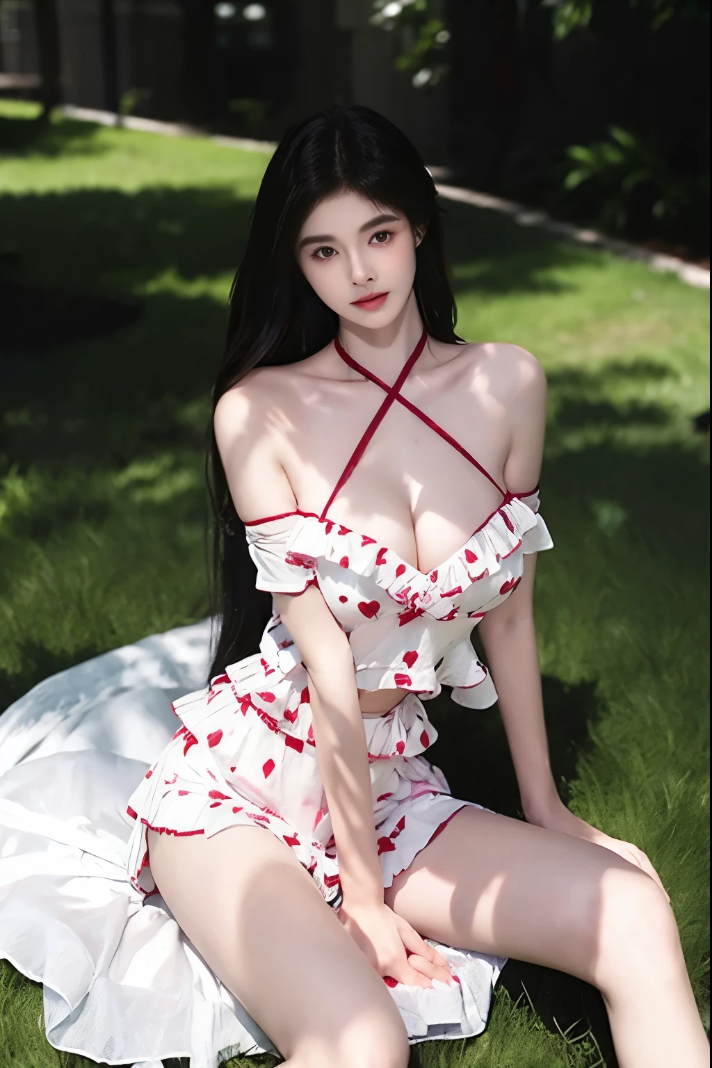 Beautiful woman with perfect body:1.4,Layered Hairstyle,Prominent cleavage:1.2,Highly detailed face and skin textures,Double eyelids,Skin Whitening,Long hair,Whitened long legs,Sitting on the grass