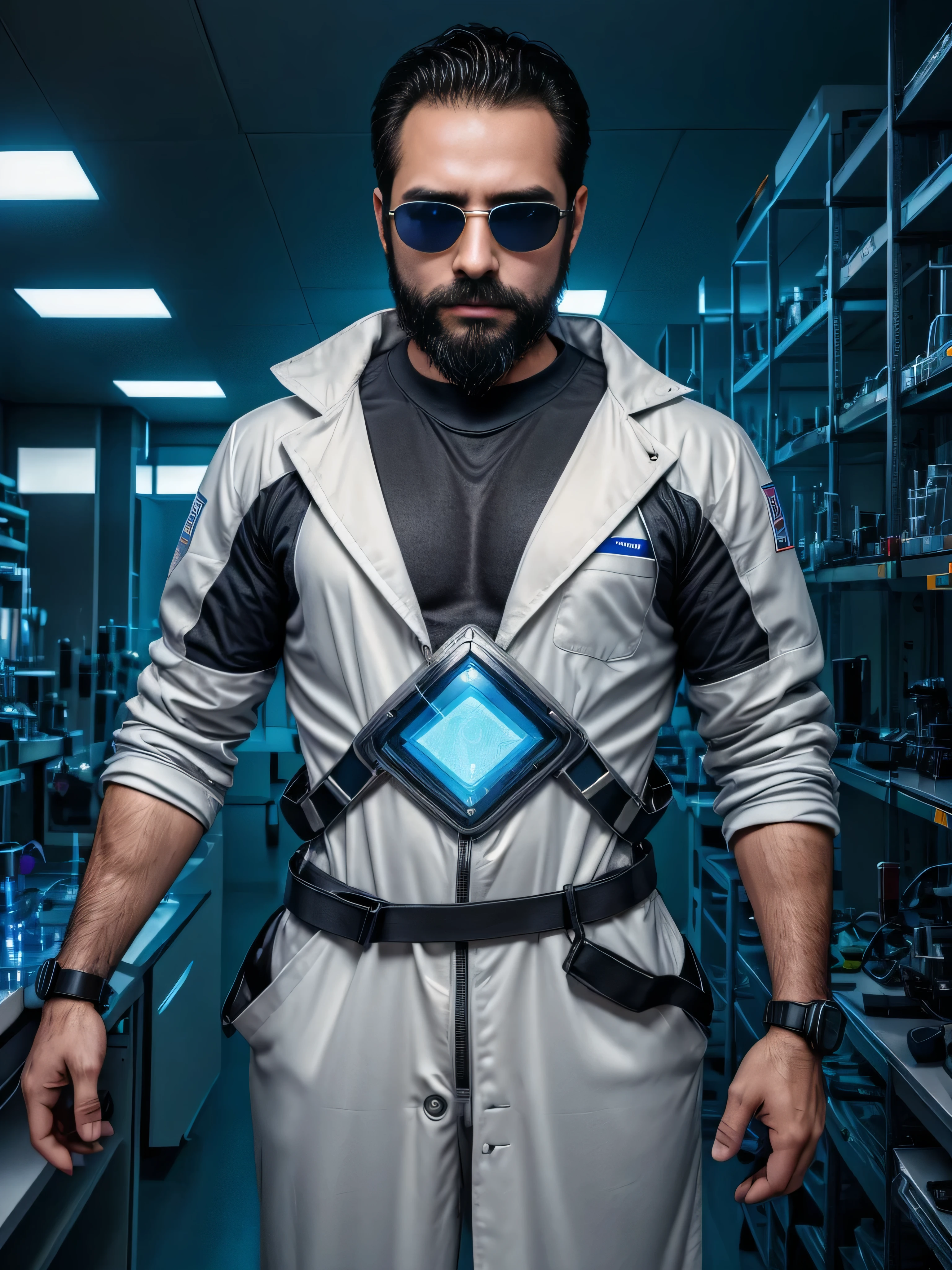 Create an ultra-detailed digital art image featuring a very masculine 38-year-old man with a beard and wearing dark sunglasses. He is shown in a medium shot, displaying the upper part of his body. The setting is a high-tech futuristic laboratory, with glowing holographic screens and advanced scientific equipment. He wears a sleek, white lab coat over a fitted, high-tech jumpsuit. The background includes transparent touchscreens, robotic arms, and shelves filled with scientific instruments. His expression is focused and intellectual, as if he is in the middle of a groundbreaking experiment. The image should be rich in detail, capturing the texture of his clothing, the shine of his sunglasses, and the cutting-edge laboratory environment