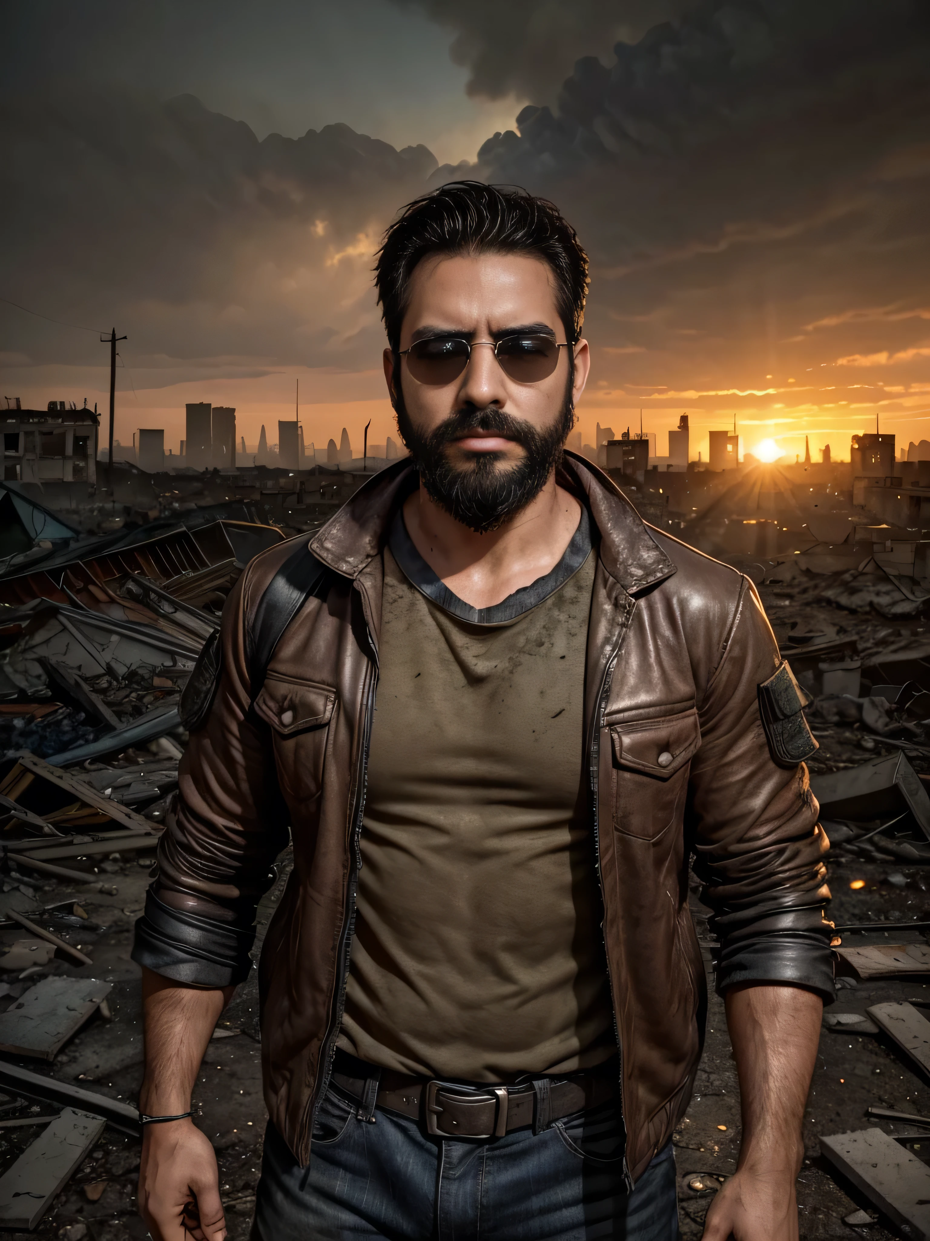 "Create an ultra-detailed digital art image featuring a very masculine 38-year-old man with a beard and wearing dark sunglasses. He is shown in a medium shot, displaying the upper part of his body. The setting is a dramatic post-apocalyptic landscape at dusk, with a ruined city in the background and a fiery sky. He wears a rugged, torn leather jacket over a distressed shirt, with makeshift armor pieces and survival gear. The background includes crumbling buildings, scattered debris, and an eerie glow from distant fires. His expression is grim and determined, as if ready to face any danger. The image should be rich in detail, capturing the texture of his clothing, the shine of his sunglasses, and the haunting post-apocalyptic environment.