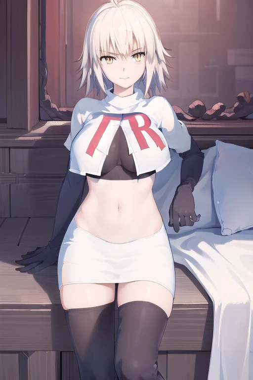 ((masterpiece, best quality,distinct image)), 1girl,solo, jeanne d'arc alter, large breasts, ahoge,looking at viewer, cowboy shot, team rocket,team rocket uniform,white skirt,red letter R,crop top,black thigh-highs,black elbow gloves