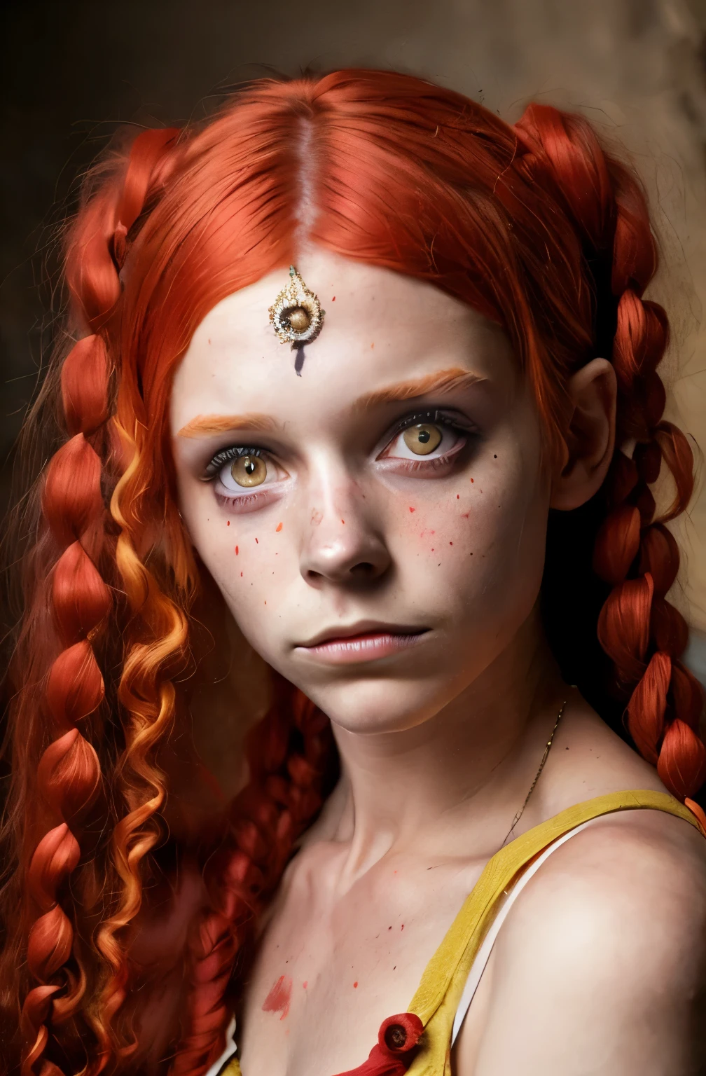 Ultra real photo of 18-year-old Pippi Longstocking, ojos traviesos, pelo largo rojo desordenado y trenzado, sexy, mirada descuidada, vivid colors, Detalles intrincados de sus hermosos ojos y su rostro perfecto..