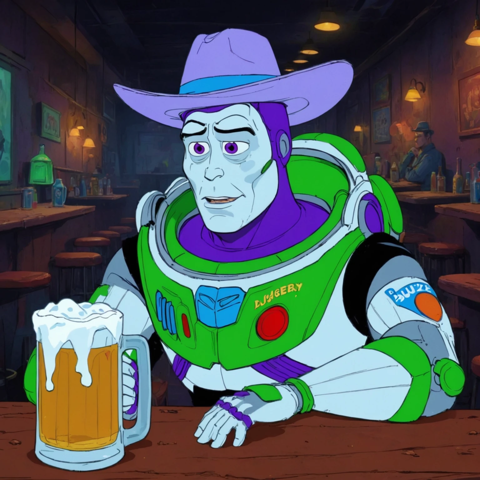 A rotoscoped hand animated cel of a screen grab of buzz lightyear, haggard, seen better days, washed up, drinking an amber beer from a frosty glass mug somberly alone at a dive bar. The scene is set in a dilapidated run down night club, and the image conveys a mix of tragic, despair, hilarious, silly, haunting, unsettling, and overwhelming dread emotions. The image is too real and harsh. Buzz is wearing an adorable tiny purple cowboy hat tied down under his chin.
