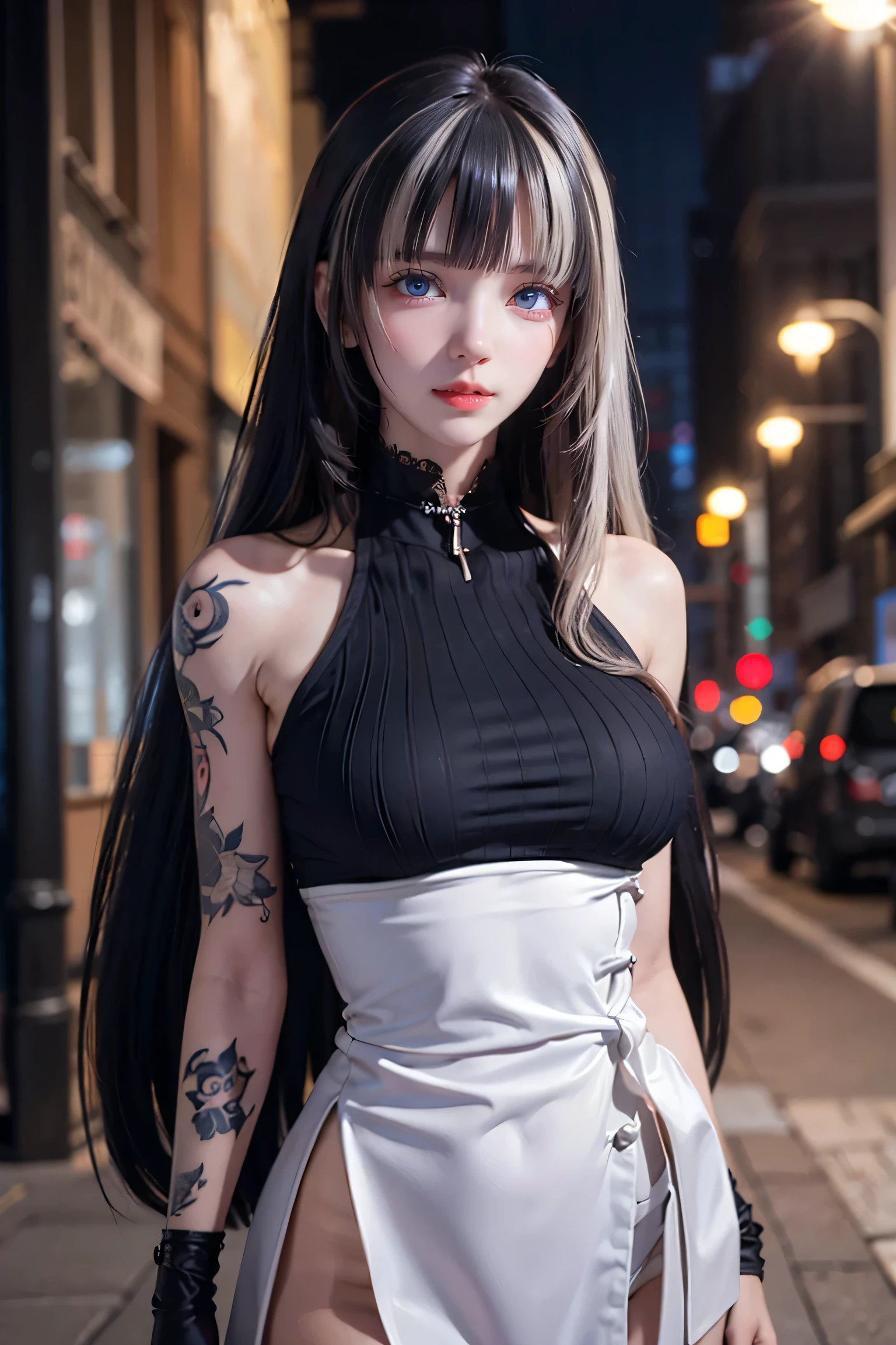 Beautiful female college student in the city,masterpiece,light makeup,Red Lip,Silver Hair,Disheveled long hair,Street Background,Grace,grace。Ultra-fine detailasterpieces,Authentic texture,Realism in film lighting,Perfect piece,8k,KHD,Delicate facial features,White skinny turtleneck top,White skin,Slim figure,Big bright eyes,Smooth Skin,ear discharge,Choker Necklace,(((He has many tattoos all over his body)), (((Tight waist))), ((Big Breasts)),(See-through),(panties)