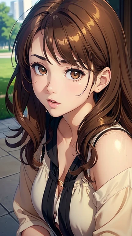 ((face front)), (looking at camera), ((sexy girl)), ((young_adult_face)), (brown eyes), anime girl, gradient (brown hair), curly hair, (shiny skin), brown_hair, solo, rating:questionable, outdoors, ❤ love, beautiful, ((masterpiece)), wearing blouse