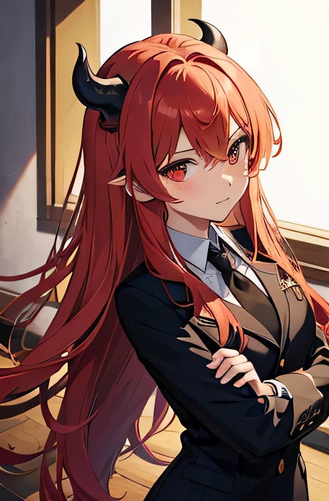 Crie uma imagem da personagem "Taiga Aisaka" do anime "Toradora!" with demon characteristics, but maintaining its cute and charming appearance. The image should combine demonic elements with Taiga&#39;s tsundere and adorable personality..
Physical Characteristics:
General appearance: Maintain Taiga Aisaka&#39;s original appearance, incluindo seu tamanho pequeno, cabelos longos e ondulados de cor castanha, e grandes olhos expressivos.
Chifres: Add small, curved black or red horns to your head, integrated in such a way that they do not lose their cuteness.
Olhos: Seus olhos devem ter um brilho sobrenatural, like irises with a slightly reddish or amber hue, but still maintaining the characteristic sweetness.
Roupas: Dress Taiga in a modified  with demonic touches, como um blazer preto com detalhes vermelhos, saia plissada, e meias altas. Add accessories like a tie with a small demon symbol.
Cauda: Uma cauda fina e pontiaguda, de cor preta ou vermelha, that curls gracefully behind her.
Ambiente:
school scenario: A scenario reminiscent of a school, like a classroom or schoolyard, mas com sutis toques infernais, like interestingly shaped shadows or a light reddish haze.
Decoration: Subtle elements of demonic decor, like little demonic symbols drawn on the blackboard or in notebooks in the background, mas nada que tire a fofura do ambiente.
Expression e Position:
Expression: Taiga must have a classic tsundere expression, with a mix of cute irritation and determination. Add a slight smile that reveals a softer, more adorable side.
Position: She may be in a confident pose with her arms crossed, ou segurando algo como um livro ou uma espada pequena, which looks a little hellish.
Detalhes Adicionais:
Subtly Integrated Demon Elements: Leve brilho ou sombra ao redor dos chifres e cauda, hinting at his demonic power. Talvez pequenas chamas ao redor das pontas dos chifres