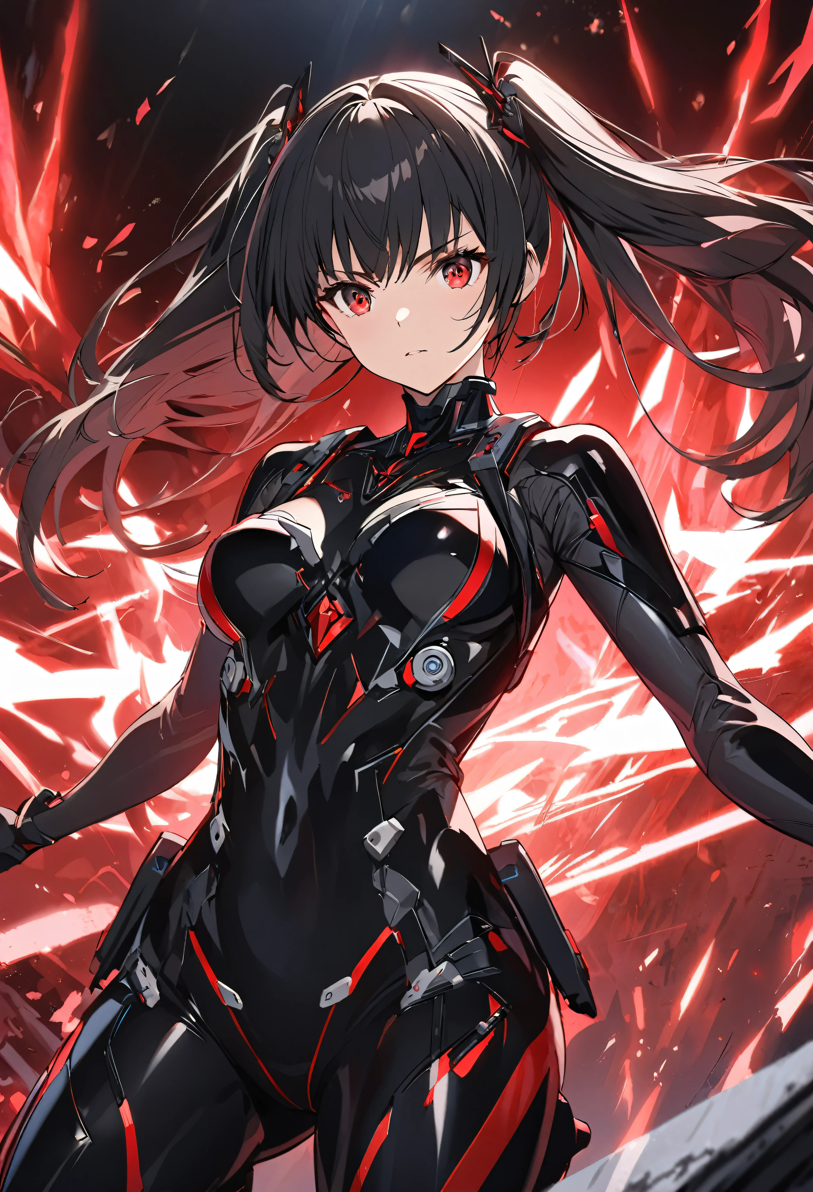 The character is a young girl with long, black hair styled in a "two side up" fashion. Her captivating red eyes exude an intense aura, reflecting her deadly determination. She belongs to a specialized assassination unit, trained in covert operations. Equipped with advanced technology, she wields a high-tech Japanese katana, combining tradition with innovation. Completing her formidable appearance, she wears a sleek combat exosuit, enhancing her agility and protection. This character's design embraces the essence of an anime aesthetic.