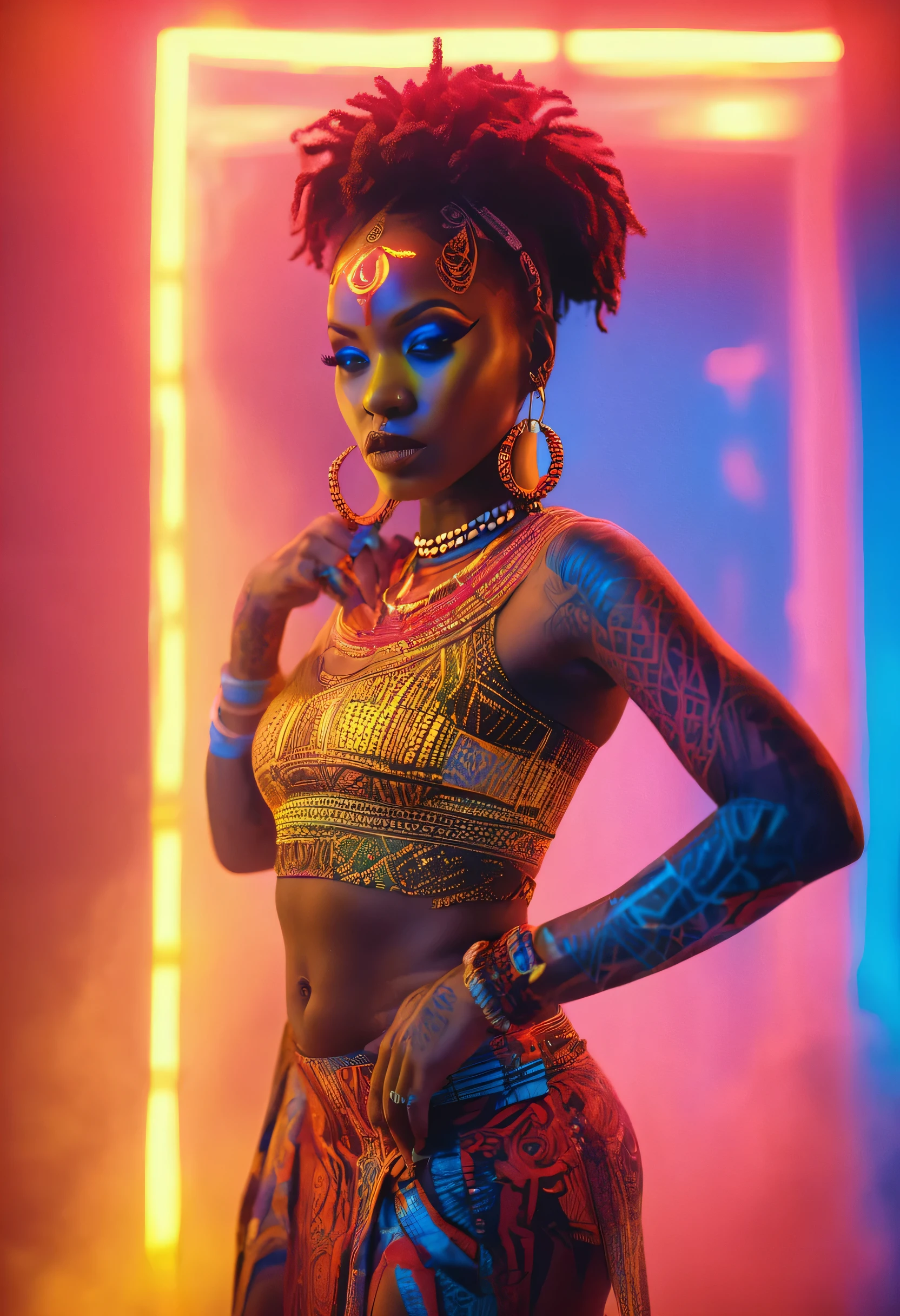 Full body shot of a Black woman dressed in African designed clothes with neon lit glowing red and blue tattoos, standing in an empty place with tattoos lighting the scene, a yellow fog atmosphere in the scene, the tattoos shining in the scene, providing an atmospheric cinematic colour grading, 32k, 