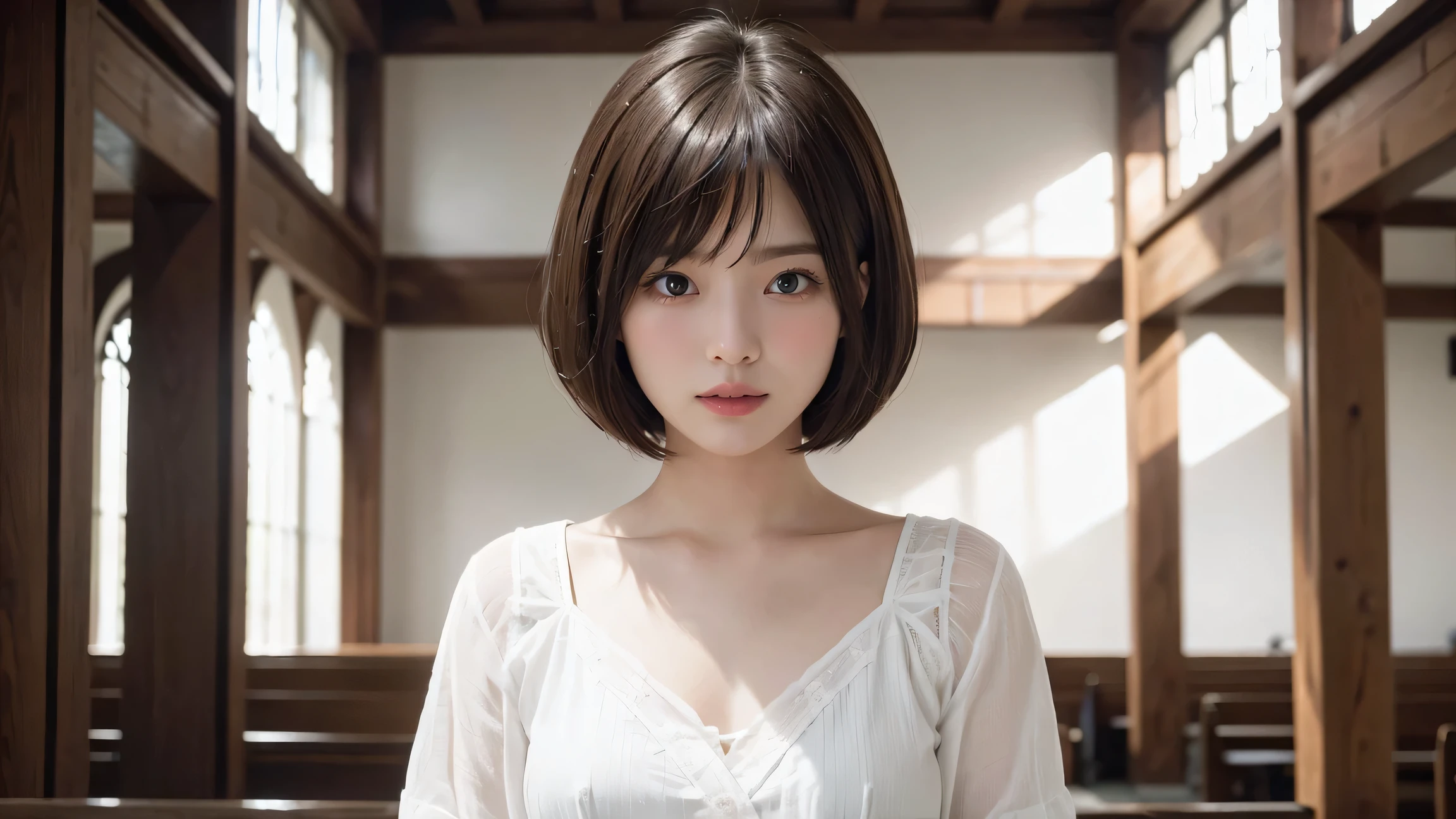 (Bob Cut Hair:1.2),(Wearing a blouse:1.2),1 girl,Japanese,28 years old,(Small :1.3),(highest quality,masterpiece:1.3,超A high resolution,),(Very detailed,Caustics),(Realistic:1.4,RAW shooting,)Ultra-Realistic Capture,Very detailed,High resolution 16K human skin closeup。 Natural skin texture、,pores、、、、、、、It must be detailed enough to be easily identifiable。 Skin tone is even and healthy looking。 Use natural light and color, Sad expression, Looking at the camera, Perfect dynamic composition, Inside the church