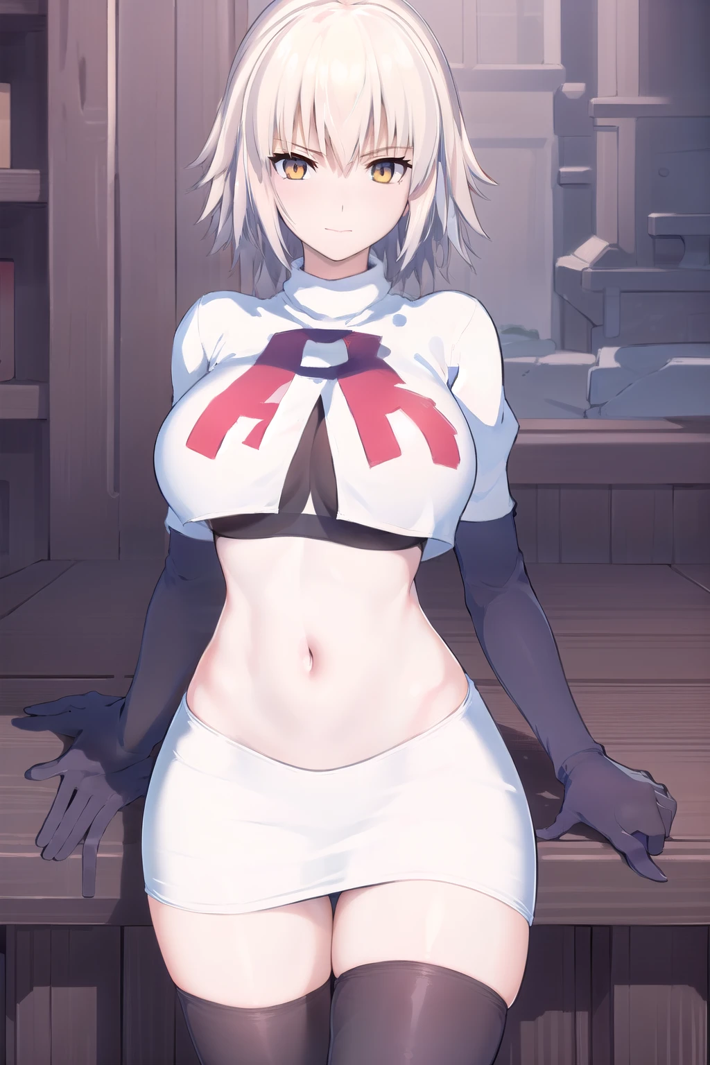 ((masterpiece, best quality,distinct image)), 1girl,solo, jeanne d'arc alter, large breasts, ahoge,looking at viewer, cowboy shot, team rocket,team rocket uniform,white skirt,red letter R,crop top,black thigh-highs,black elbow gloves