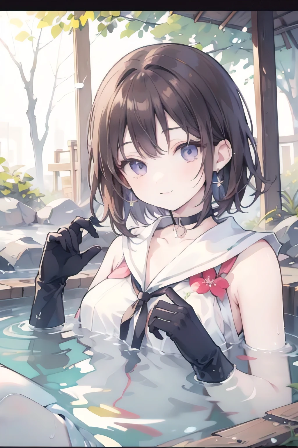 1girl, anime_coloring, black_eyes, black_gloves, brown_hair, choker, earrings, gloves, jewelry, letterboxed, parody, short_hair, smile, solo, style_parody, / Best quality, masterpiece, super high resolution, a super model soaking in a hot spring in Japan, outdoor hot spring, stone hot spring, surrounded by moss and trees, super beautiful face, pure body,