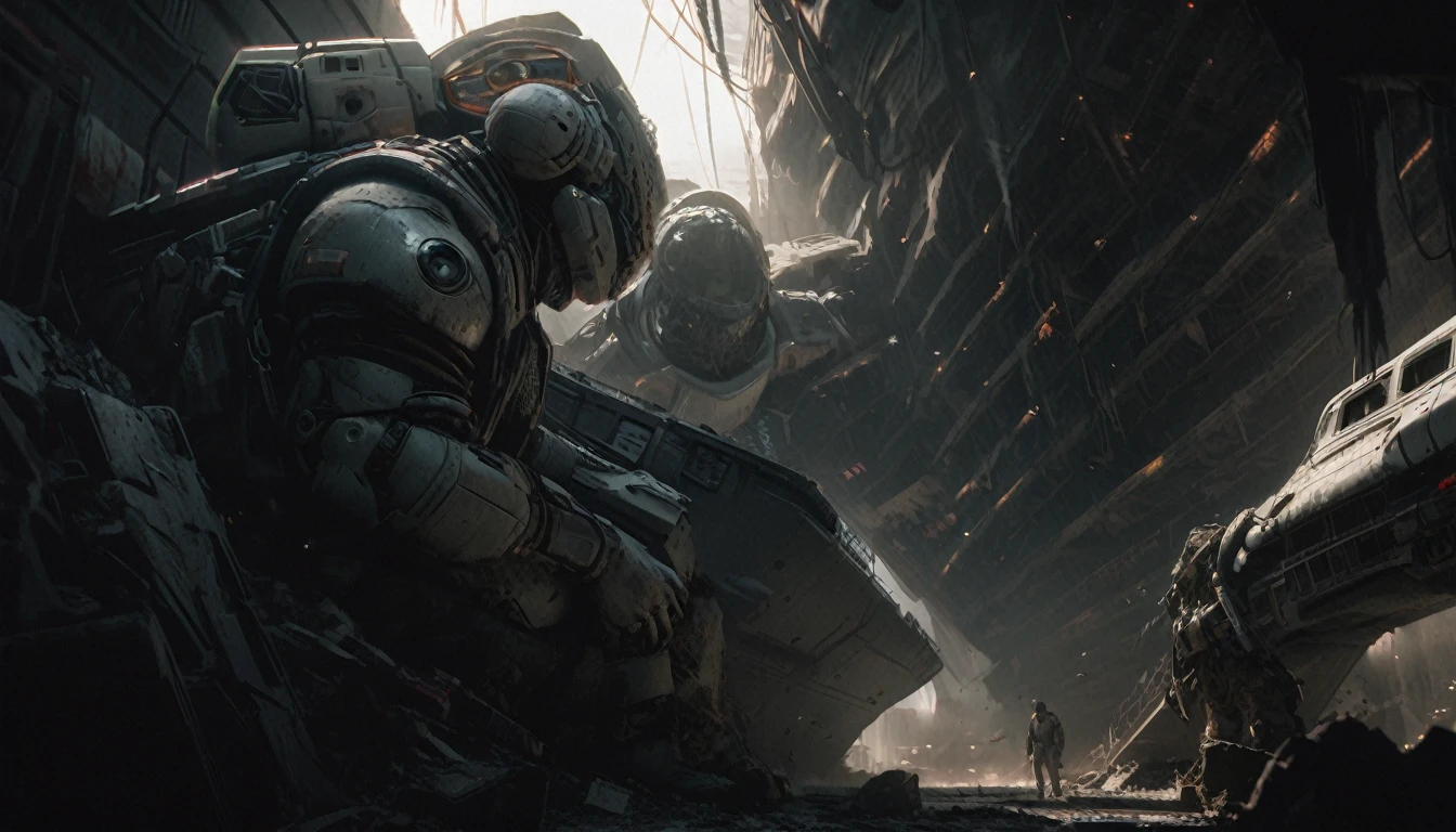 a rugged Sean Connery as Buzz Lightyear, searching a heavily damaged sci-fi spacecraft for survivors, the vessel shows signs of a bloody battle against alien invaders, gritty sci-fi horror atmosphere, full body portrait, highly detailed, hyperrealistic, cinematic lighting, dramatic shadows, muted color palette, moody, photorealistic
