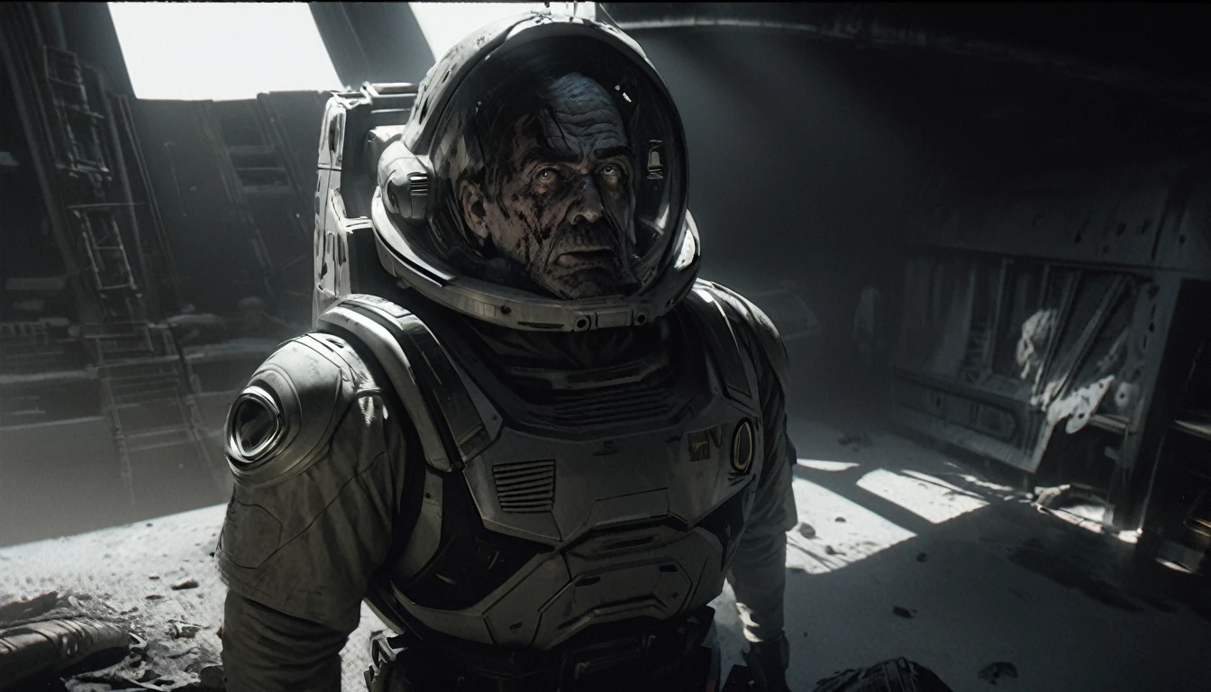 a rugged Sean Connery as Buzz Lightyear, searching a heavily damaged sci-fi spacecraft for survivors, the vessel shows signs of a bloody battle against alien invaders, gritty sci-fi horror atmosphere, full body portrait, highly detailed, hyperrealistic, cinematic lighting, dramatic shadows, muted color palette, moody, photorealistic