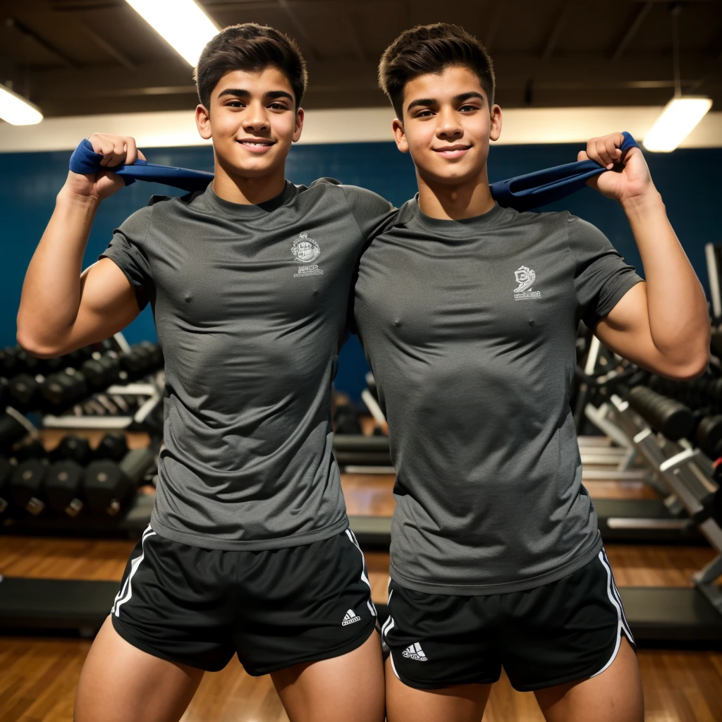 A 15-year-old boy, entrena en el gym muy sudoroso. El chico esta muy musculoso
