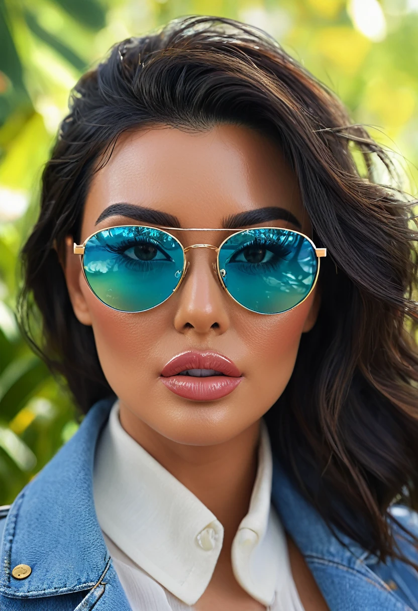 (melhor qualidade,4k,high resolution,Obra de arte:1.2),ultra-detalhado,realista,retrato,raposa inteligente e confiante, Kim Kardashian, Jaqueta azul,olhos detalhados,detailed lips,inteligente,wearing glasses,In fashion,parado em um jardim vibrante,flores bonitas florescendo,Colorida,soft lighting,folhas farfalhando na brisa,atmosfera serena,criatividade,harmonia,energia positiva,Feeling of tranquility,felicidade,artistic style,tons de azul e verde,pinceladas finas,meticulous attention to detail,professional illustration,exquisite rendering,cores vivas,vista perfeita,Perfectly balanced composition,efeitos de pintura hipnotizantes,obra de arte inspiradora.
