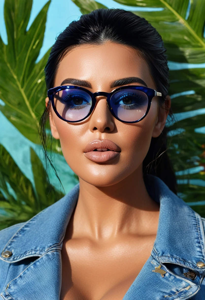 (melhor qualidade,4k,high resolution,Obra de arte:1.2),ultra-detalhado,realista,retrato,raposa inteligente e confiante, Kim Kardashian, Jaqueta azul,olhos detalhados,detailed lips,inteligente,wearing glasses,In fashion,parado em um jardim vibrante,flores bonitas florescendo,Colorida,soft lighting,folhas farfalhando na brisa,atmosfera serena,criatividade,harmonia,energia positiva,Feeling of tranquility,felicidade,artistic style,tons de azul e verde,pinceladas finas,meticulous attention to detail,professional illustration,exquisite rendering,cores vivas,vista perfeita,Perfectly balanced composition,efeitos de pintura hipnotizantes,obra de arte inspiradora.