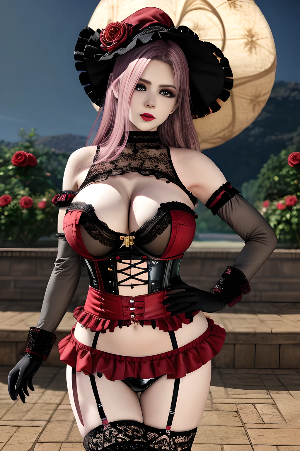 1 girl,BREAK (Royal:1.4), (red and black theme:1.5), ((red) bucket hat with rose corsage:1.4), (fusion of black high neck crop top and latex (red bustier):1.4), ((floral lace, see-through):1.3), ((sleeveless, bare shoulders):1.3), (red tiered skirt with black ruffles:1.4), ((ultra long gloves) with floral lace:1.3), (wrap a (cat garter) around thighs:1.4), outdoor,elegant,nighttime,moonlighe,shiny skin,( huge breasts), lip gloss,tattoos, masterpiece, best quality, realistic ,Surrealism,natural colors art in 8k,soft shadows,High-definition RAW color photos professional portrait photos,solo,  elise,