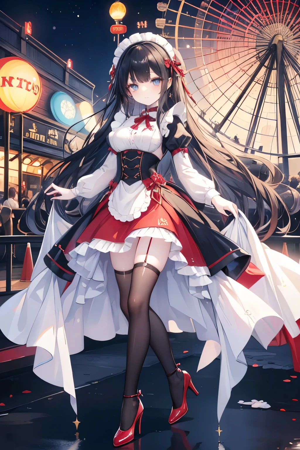 High quality painting, cute maid woman, wearing shiny red maid dress, long black hair, thin body, thin limbs, blue eyes, flashy makeup, knee high socks, high heels, background is amusement park with Ferris wheel