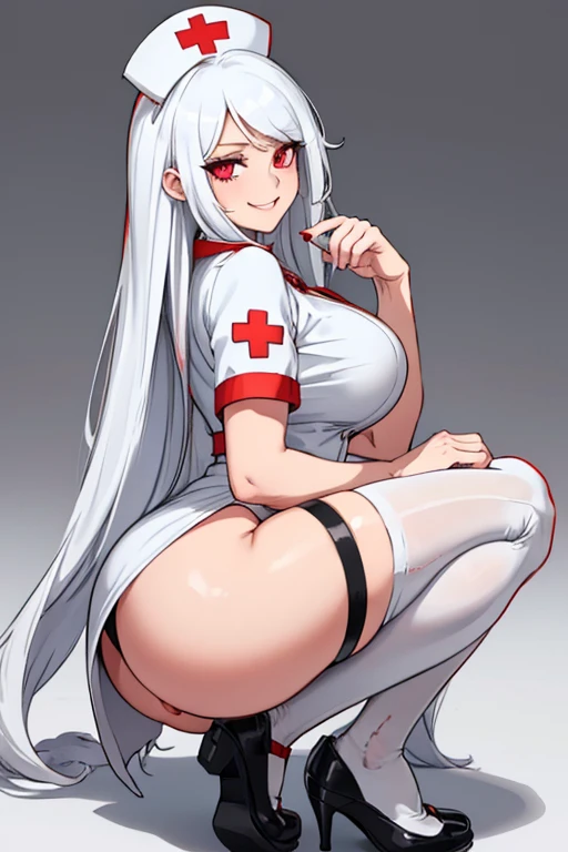 female, white long hair, red eyes, (((1girl))), (((black nurse's uniform with white trim))), (white thigh high socks), (black nurse's shoes), cute and sexy, full body, huge breasts, huge butt, long legs, smiling