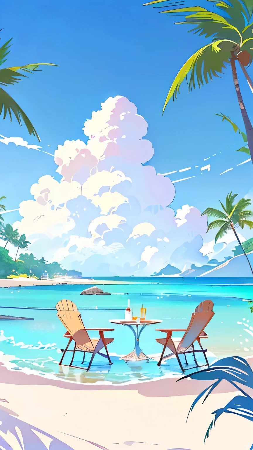 There is a beach scene,There are two lounge chairs and a table., Relaxation concept art, Amazing wallpapers, Ross Chen. Landscape background, relaxing environment, Beautiful digital artwork, Anime Background Art, summer time, Breeze Background, Seaside background, Personal room background, Paradise in the background, Island Background, Wallpaper Anime Blue Water, magnificent background, Amazing background