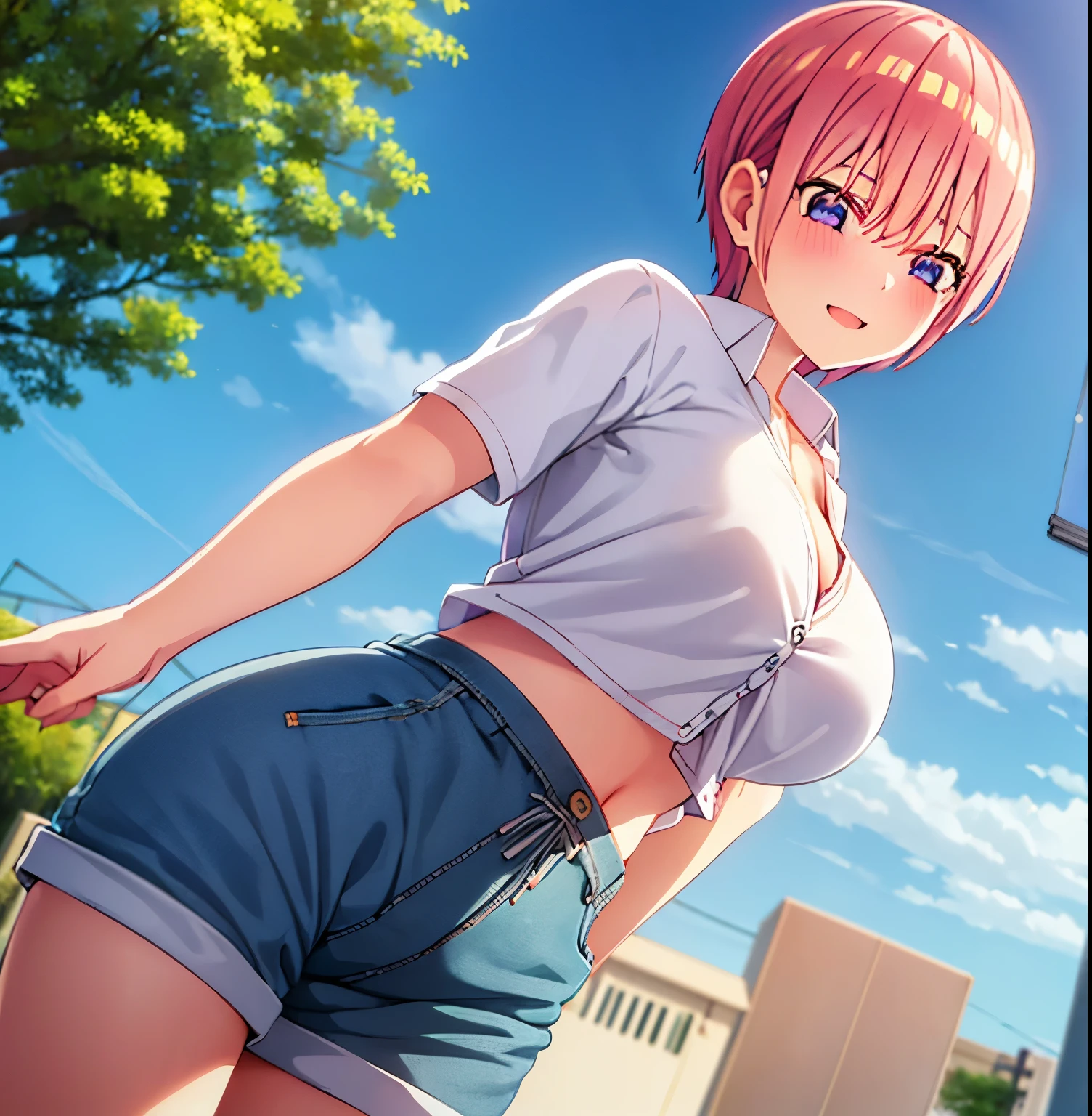 1girl, alone, ichika nakano,2d, masterpiece, best quality, anime, highly detailed, big breasts, medium waist, wide hips, round butt, solo, cowboy shot, pink hair, short hair, cardigan around waist, white crop top, cleavage, denim shorts, standing, outdoors, street, city, smile, looking at viewer, head on, pov (from below), perfect anatomy, perfect hands