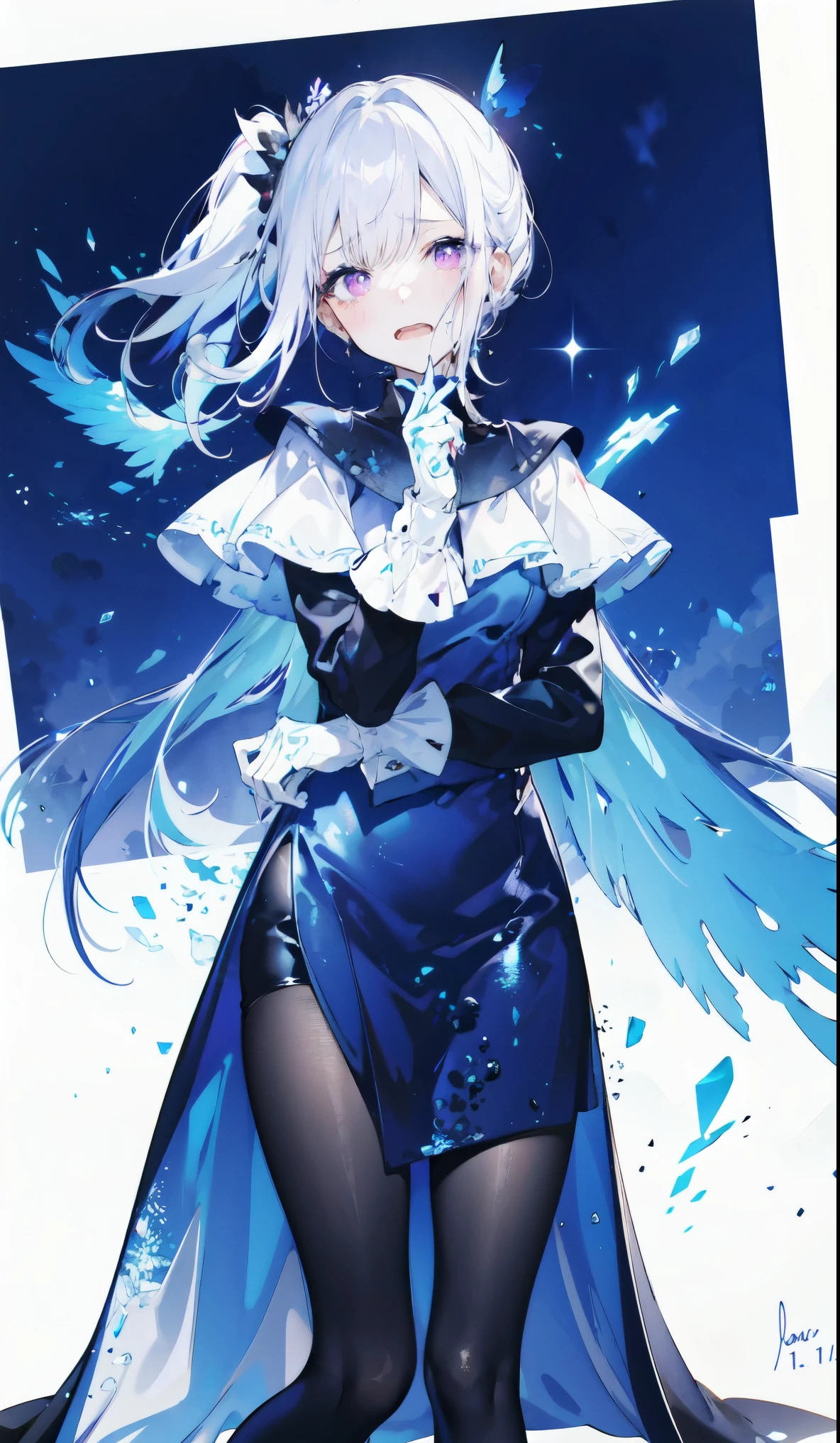((masterpiece:1.4,best quality)),(Super detailed),(Extremely detailed eyes),(Black leggings,Shiny socks:1.5),Hello Darkness
(Cute girls),15 years old,(Blood-red pupils,Diamond-shaped pupil:1.15),Purple Eyeshadow,(Elongated hair,Thick hair,Single ponytail,shiny hair:1.5)(Variza:1.2),Fair skin,despair,Grief,Empty eyes,Tears streaming down my face,tilt head to one side,Kneel down
(She wears blue armor,A blue dress,:1.5),(blue gloves:1.4)Very long plush sleeves,Chained hands,White,White Cloud,Dream bubbles ,Black nails,Ice and glitter effects
(Black long skirt:1.1),
(dawn:1.2),
(Intense black and white:1.16),(Depth of Field:1.4),,Intricate details,(Sky background,Standing on the lake)