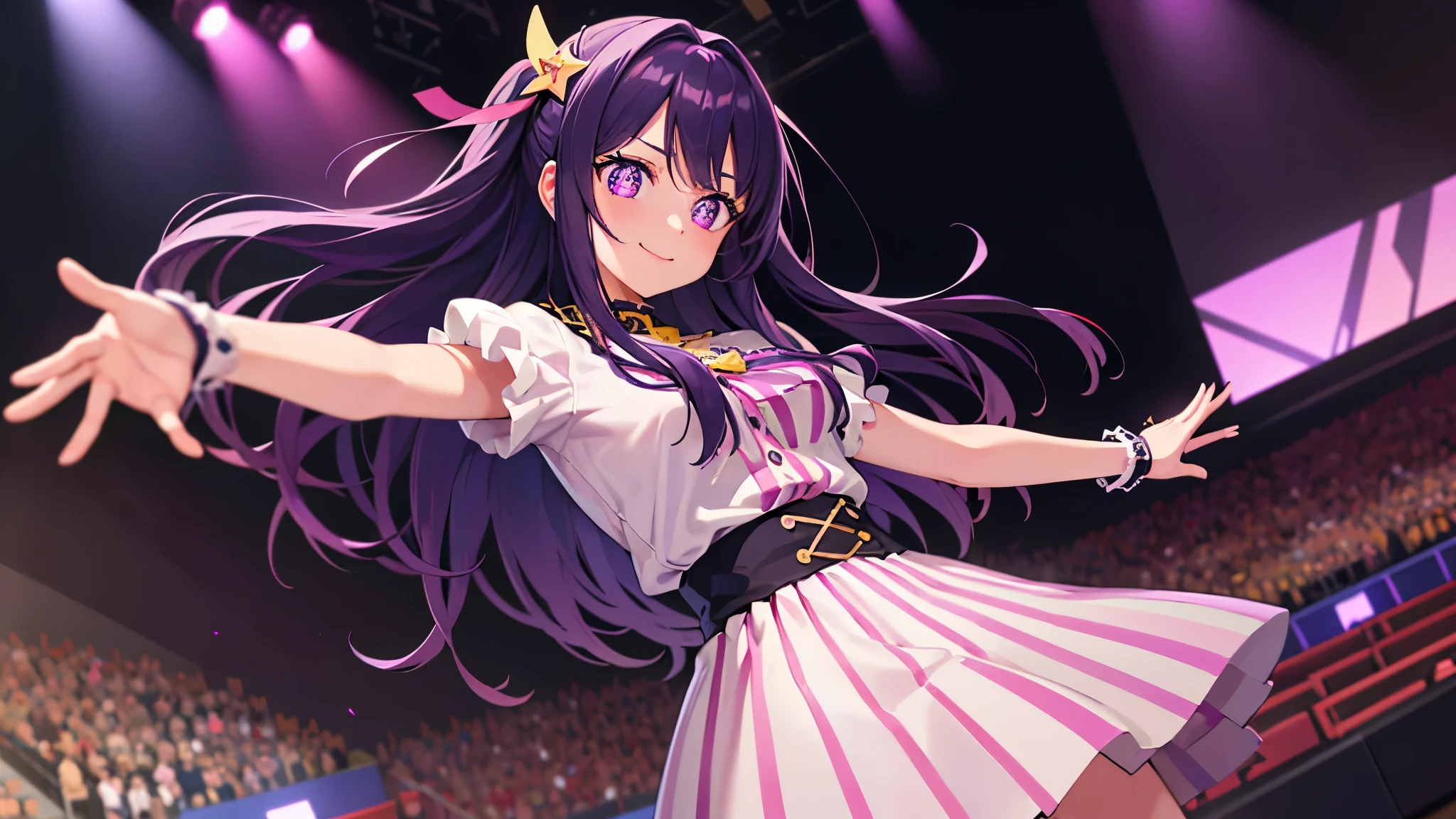 1 girl,(Ai Hoshino, Long Hair, Purple Hair, Striped Hair ,Purple eyes, Star-shaped pupils, hair ornaments) ,((masterpiece)), (highest quality), (Beautiful fine details), (Super detailed), (Fine details), (High resolution), 8k, Cinema Lighting, colorful, 1 girl, cute, More professional photos of stunning girls, Sharp focus, dramatic, Cute smile, Cheerful, on stage, Spotlight, cute idol costumes, concert, Cowboy Shot, Dynamic Angle, Dutch Angle, Dancing, (cute, pastel colour),、Nice hands, Perfect hands,Five fingers