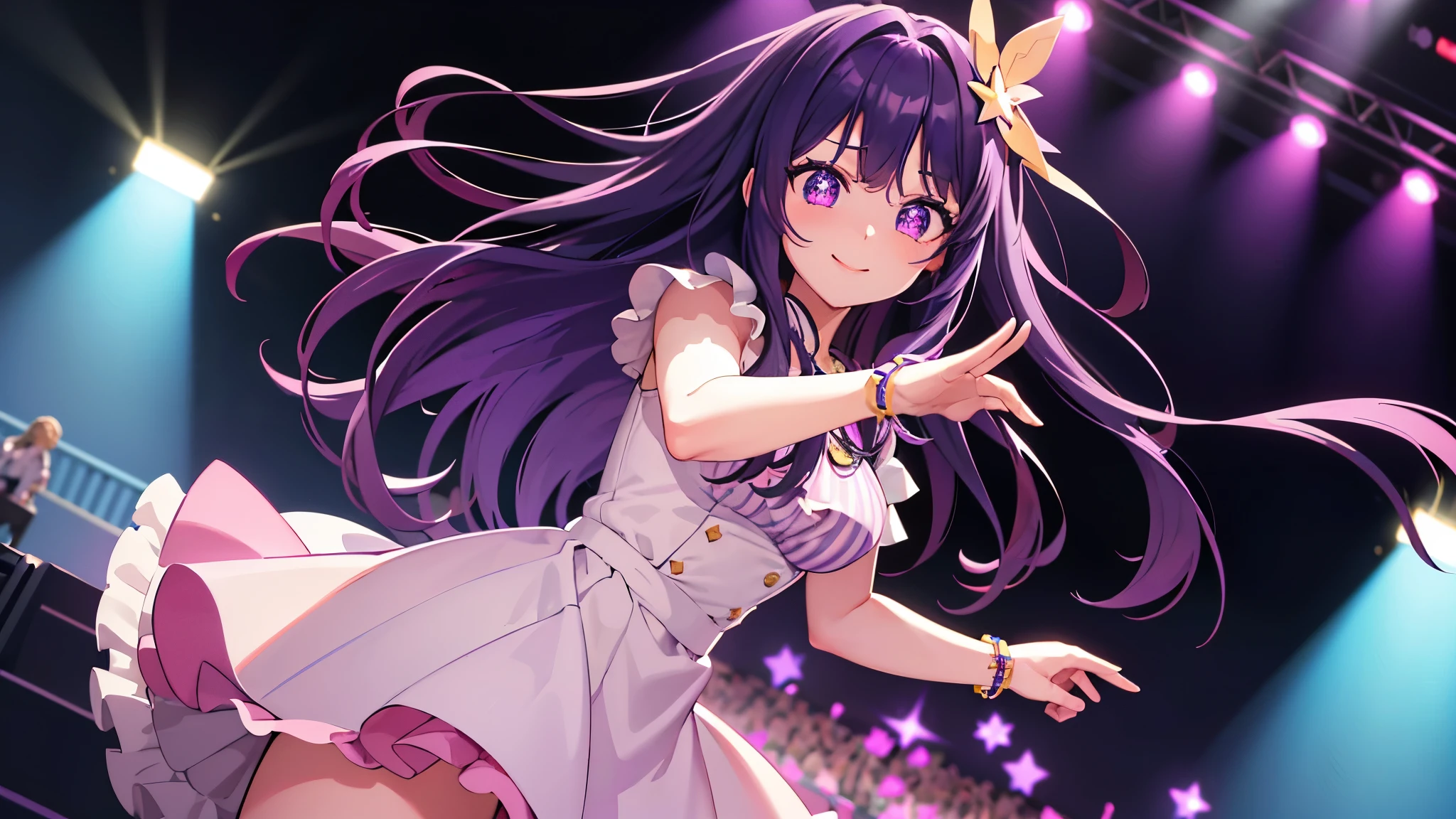 1 girl,(Ai Hoshino, Long Hair, Purple Hair, Striped Hair ,Purple eyes, Star-shaped pupils, hair ornaments) ,((masterpiece)), (highest quality), (Beautiful fine details), (Super detailed), (Fine details), (High resolution), 8k, Cinema Lighting, colorful, 1 girl, cute, More professional photos of stunning girls, Sharp focus, dramatic, Cute smile, Cheerful big, on stage, Spotlight, cute idol costumes, concert, Cowboy Shot, Dynamic Angle, Dutch Angle, Dancing, (cute, pastel colour),、Nice hands, Perfect hands,５Finger、A lively and bright stage、Light