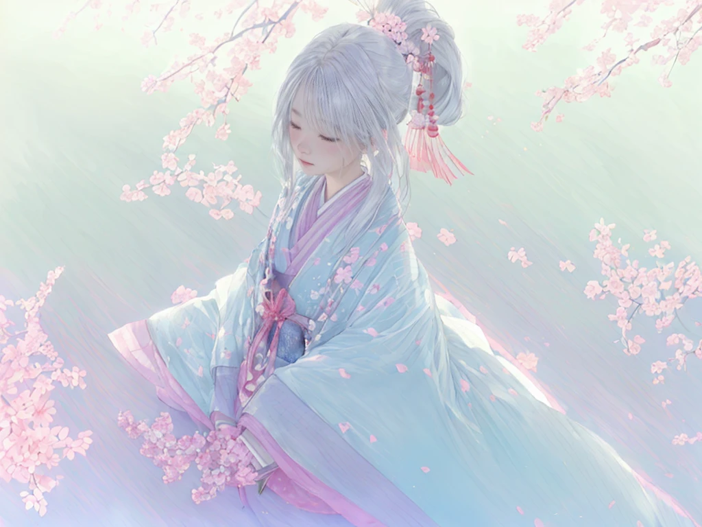 juunihitoe，Dreamy watercolor painting,　whole body，((１Girl Girl ))，Realistic，lips，Tabletop，highest quality，(((Straight Hair　long beautiful gray hair　wealthy)))，Beautiful round eyes，Skin Texture、Japanese Kimono、(band、pink:1.2)、detailed、The hem of the hakama is long、((Gazing into the distance)),  pinkのコート，Dynamic configuration、Cherry blossoms fluttering in the air against a deep background、It was foggy空間, Bokeh, It was foggy,  Dutch Angle, Afterimage,  Minimalism，Movie-like scene,  Cinema Lighting，Beautiful watercolor portrait, Abstract background