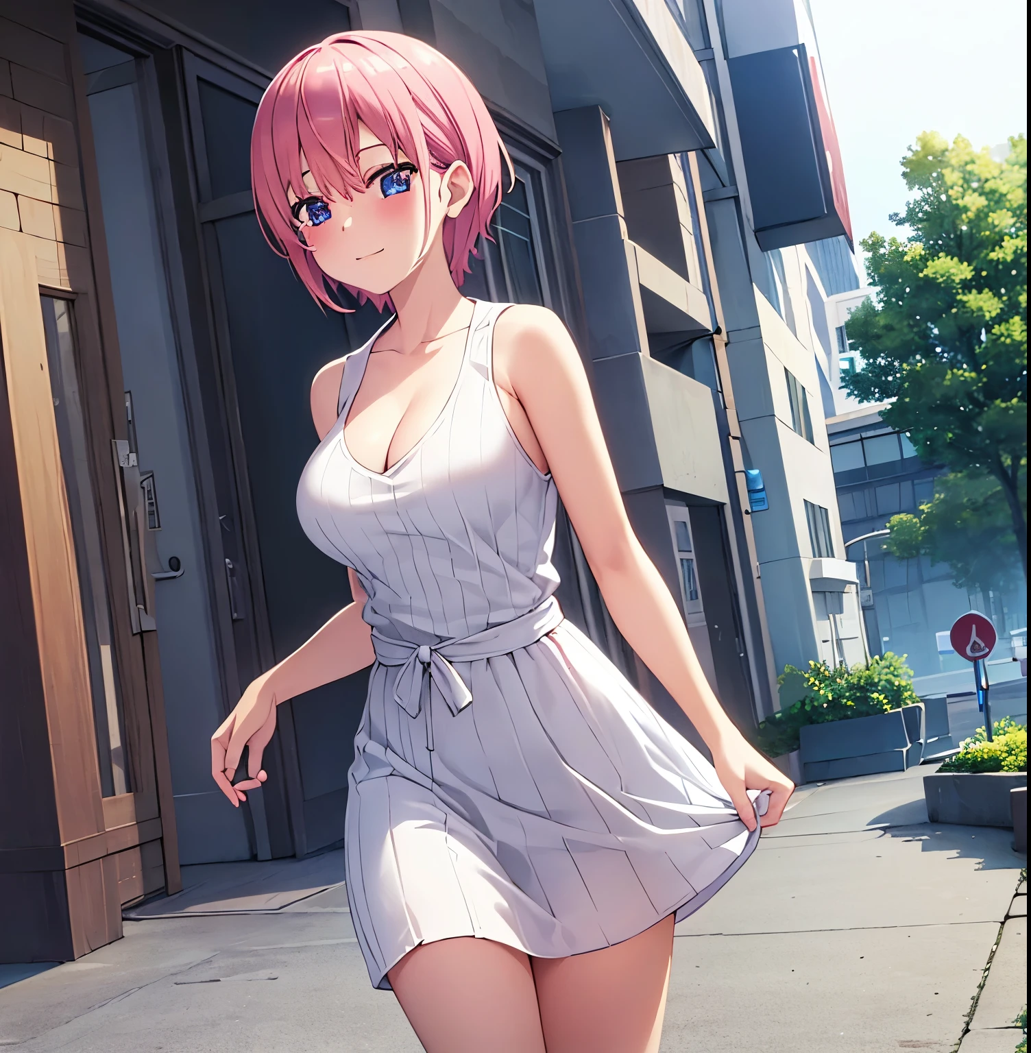 1girl,alone, ichika nakano,2d, masterpiece, best quality, anime, highly detailed, big breasts, medium waist, wide hips, round butt, solo, cowboy shot, pink hair, short hair, white ribbed sweater, bare back ,cleavage,bare legs, standing, outdoors, street, city,smile, looking at viewer,head on,pov (from below), perfect anatomy,perfect hands