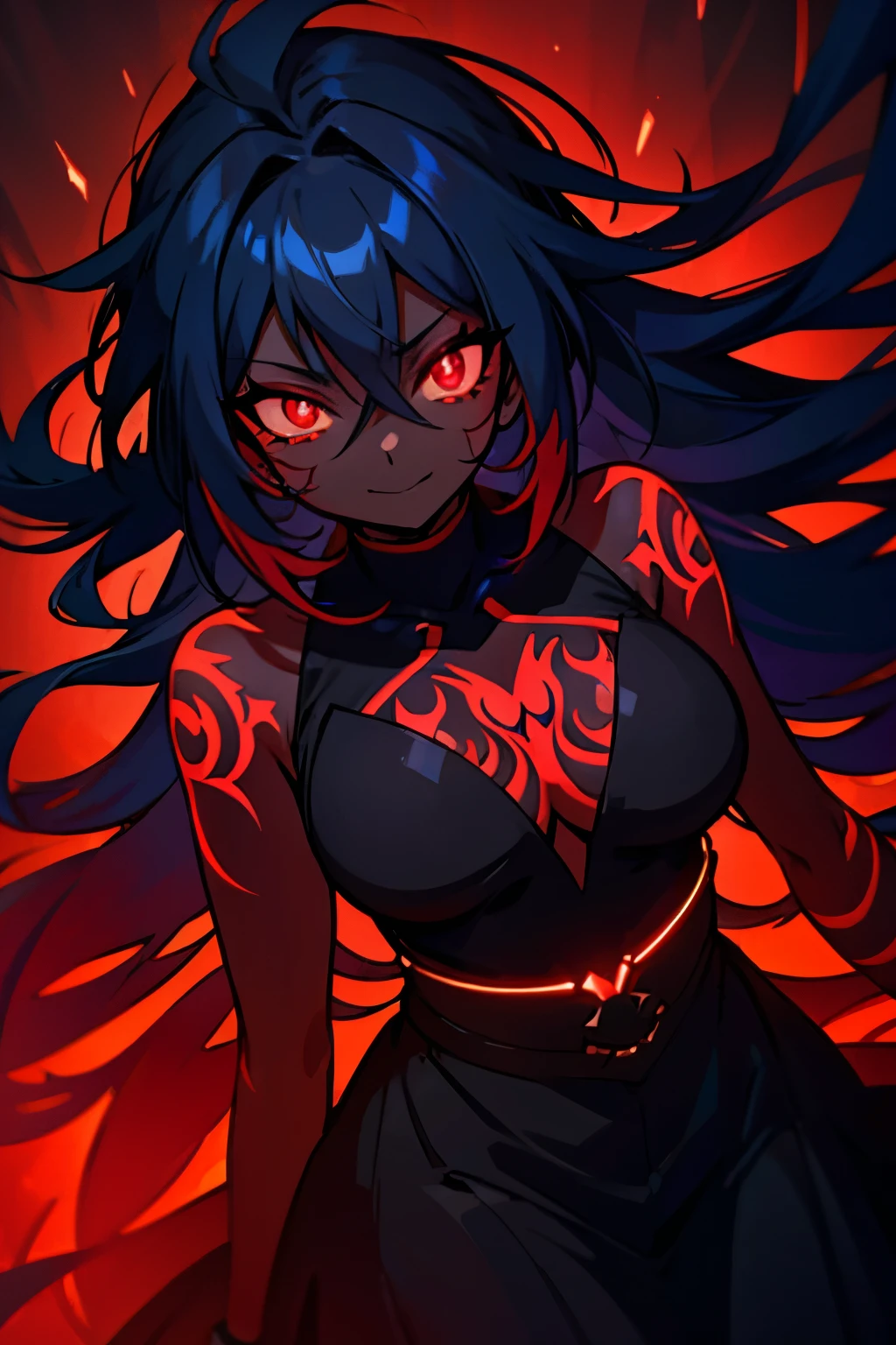 black skin, anime woman, happy, glowing red eyes, glowing red tattoos, long glowing dark blue hair, wearing a black dress