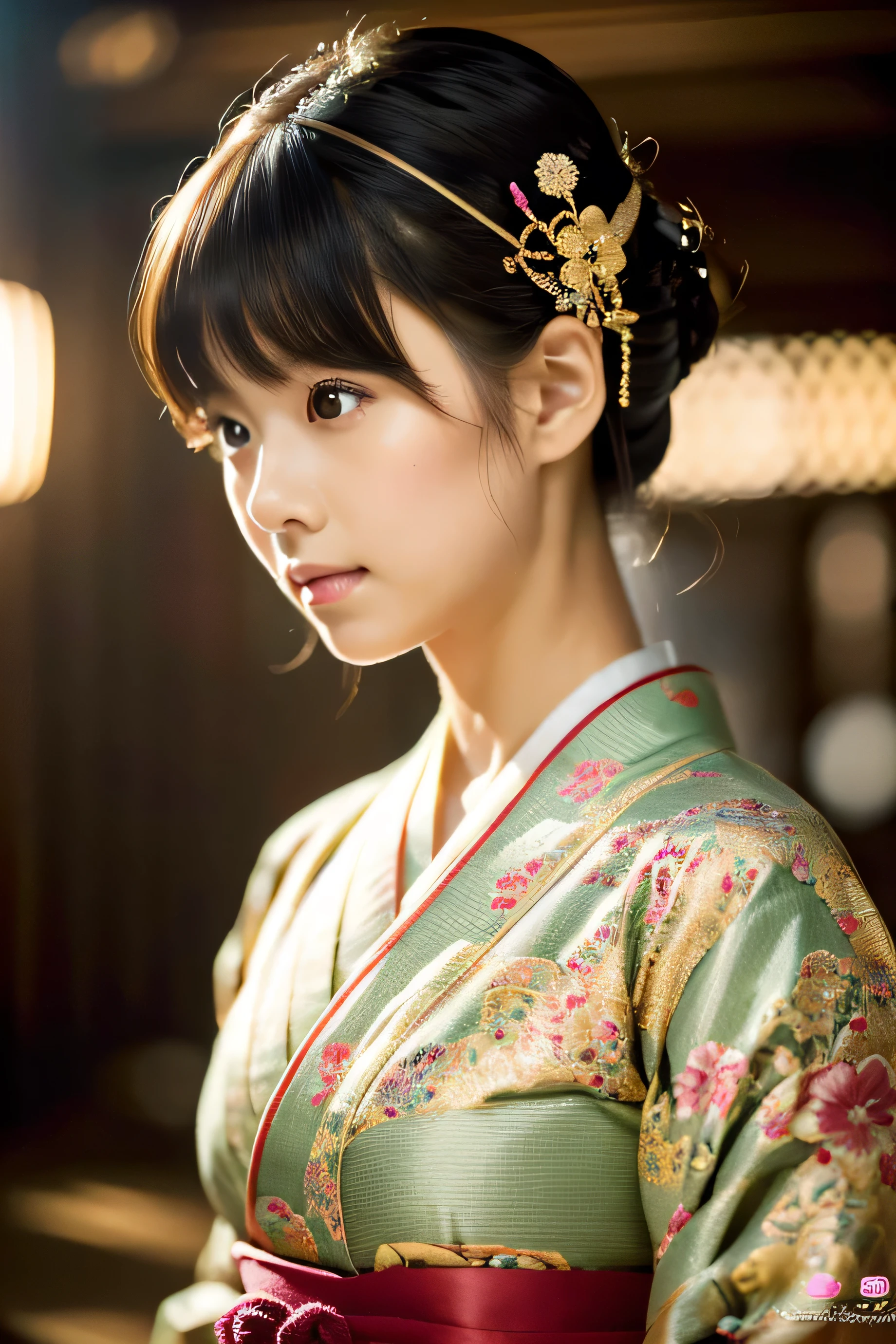 (8k, RAW Photos, highest quality, Perfect Anatomy, masterpiece:1.2), (Realistic, photo-Realistic:1.4), (Highly detailed 8k wallpaper), Sharp focus, Professional Lighting, Depth of written boundary, Cinema Lighting, (Bust Shot:1.5), 25 years old Beautiful and cute Japanese actress, Low Angle, Traditional Japanese Kimono, Long-sleeved kimono:1.3, Graceful pose, Complex Pattern, Vibrant colors, Japanese Textile Arts, Traditional Japanese hairstyle, Hairpin, ornate hair accessory, Serene atmosphere, Japanese traditional background, Tatami room, Japanese garden, Refined beauty, Timeless charm