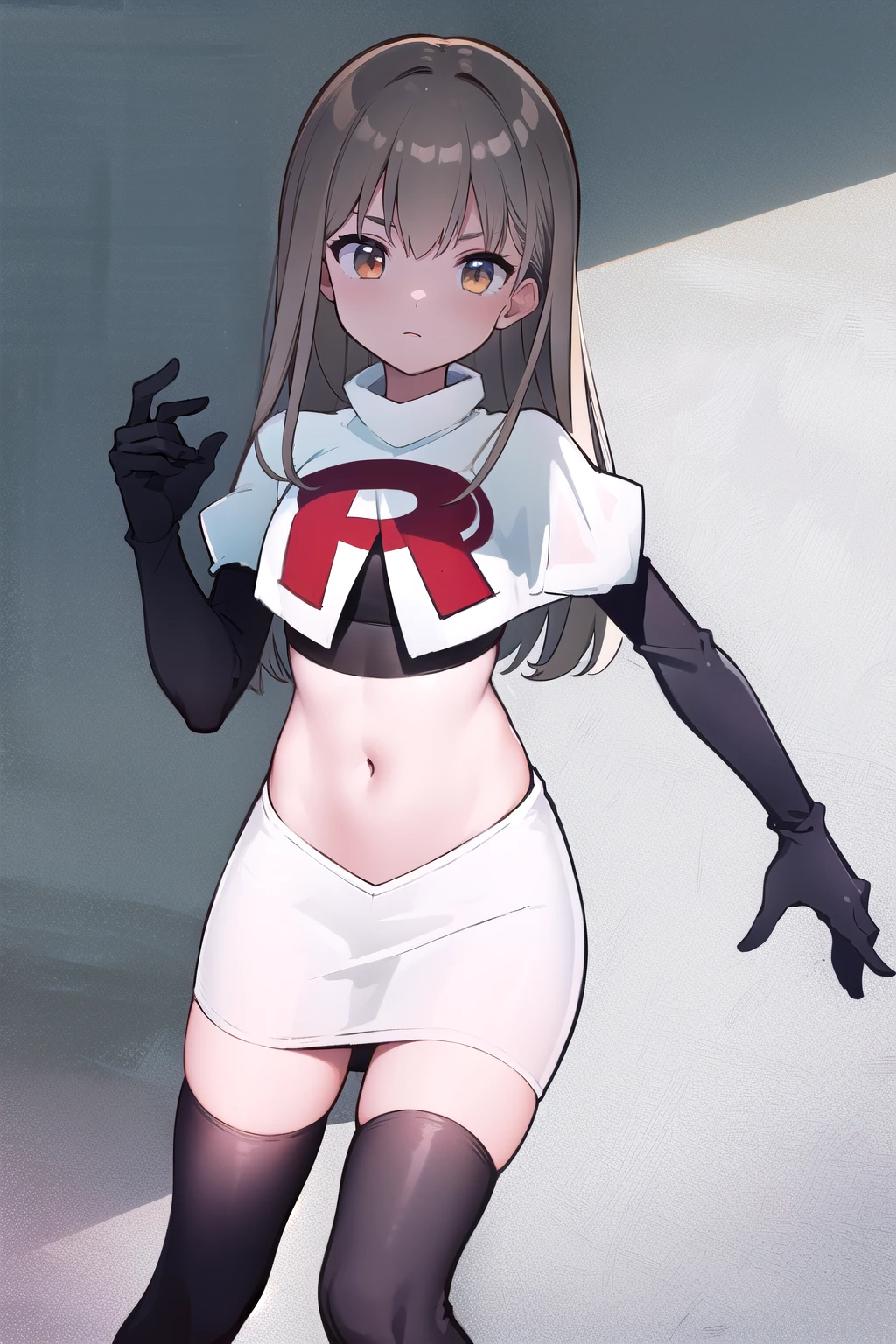 (((masterpiece))),highly detailed, ((best quality)) (highres), aki_rinco, (1girl), solo, brown_hair, eyebrows_visible_through_hair, grey_hair, looking_at_viewer, team rocket,team rocket uniform,white skirt,red letter R,crop top,black thigh-highs,black elbow gloves