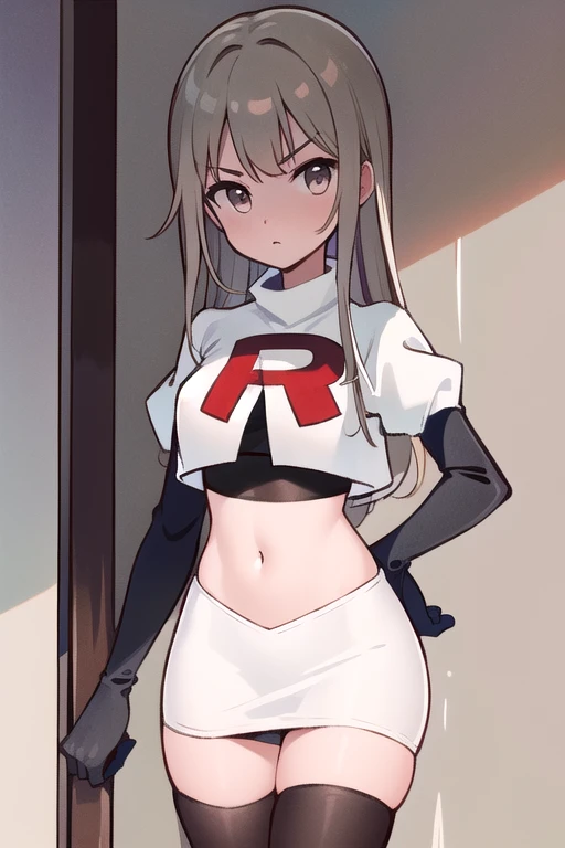 
(((masterpiece))),highly detailed, ((best quality))  (highres), aki_rinco, (1girl),  solo, brown_hair,  eyebrows_visible_through_hair, grey_hair, looking_at_viewer, team rocket,team rocket uniform,white skirt,red letter R,crop top,black thigh-highs,black elbow gloves