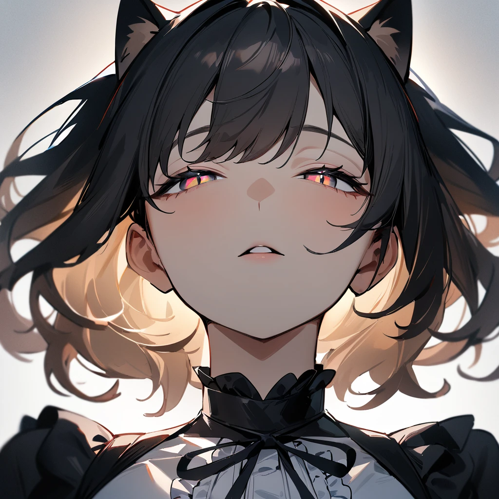 1girl,portrait,Cat ear,Slit pupil,masterpiece,best quality, very aesthetic,absurdres,highlight,center frills,cat ear,medium shot,looking at viewer,half closed eyes,front view,(looking up:1.3),Parted lips,kiss