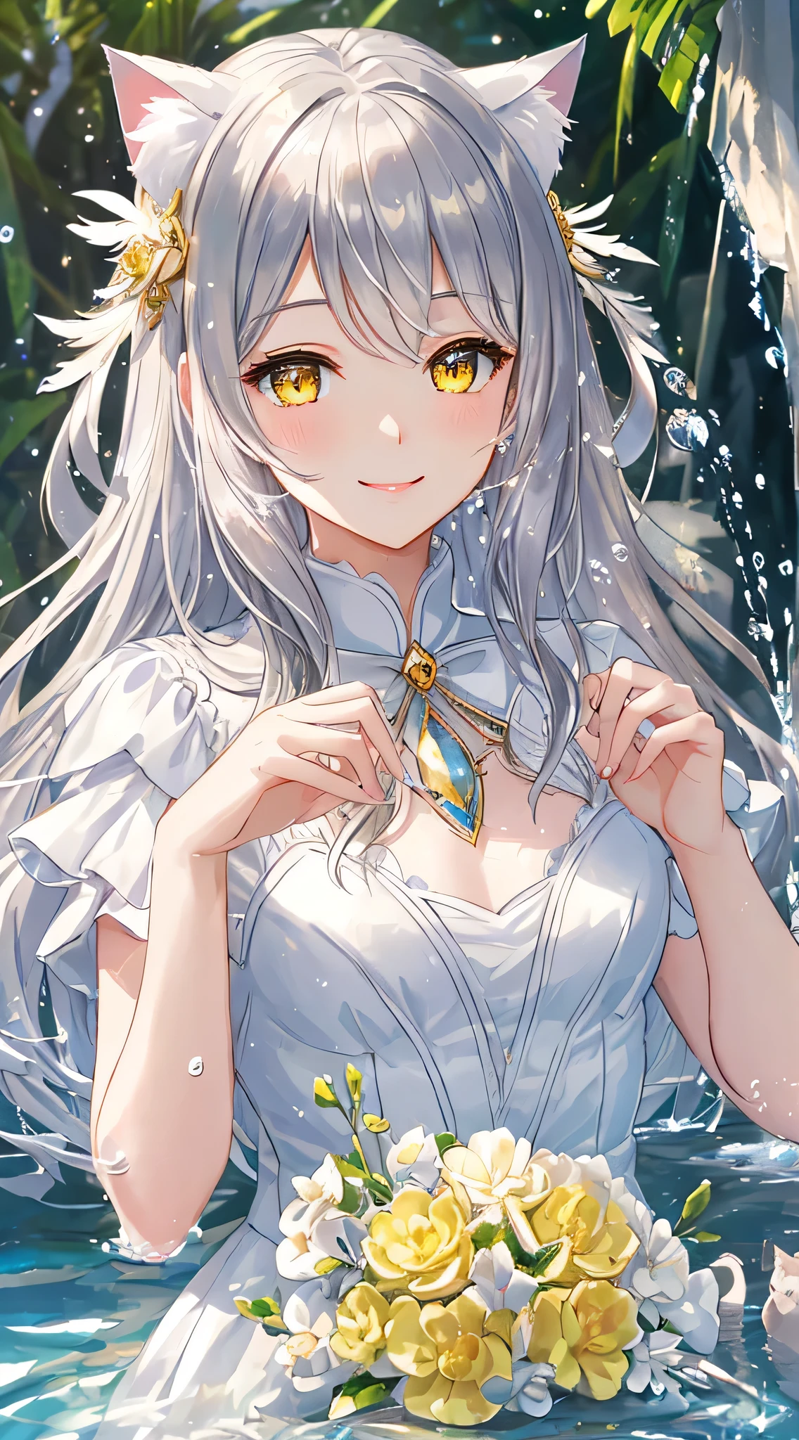 masterpiece,highest quality,Highly detailed face, water effects、Light effects、Feather Effect,Sparkling eyes,Highlighted eyes, Mid-chest,pretty girl,smile,Embarrassing,Cat ear,Beautiful silver hair,Pink inside,Beautiful yellow eyes,sunshine