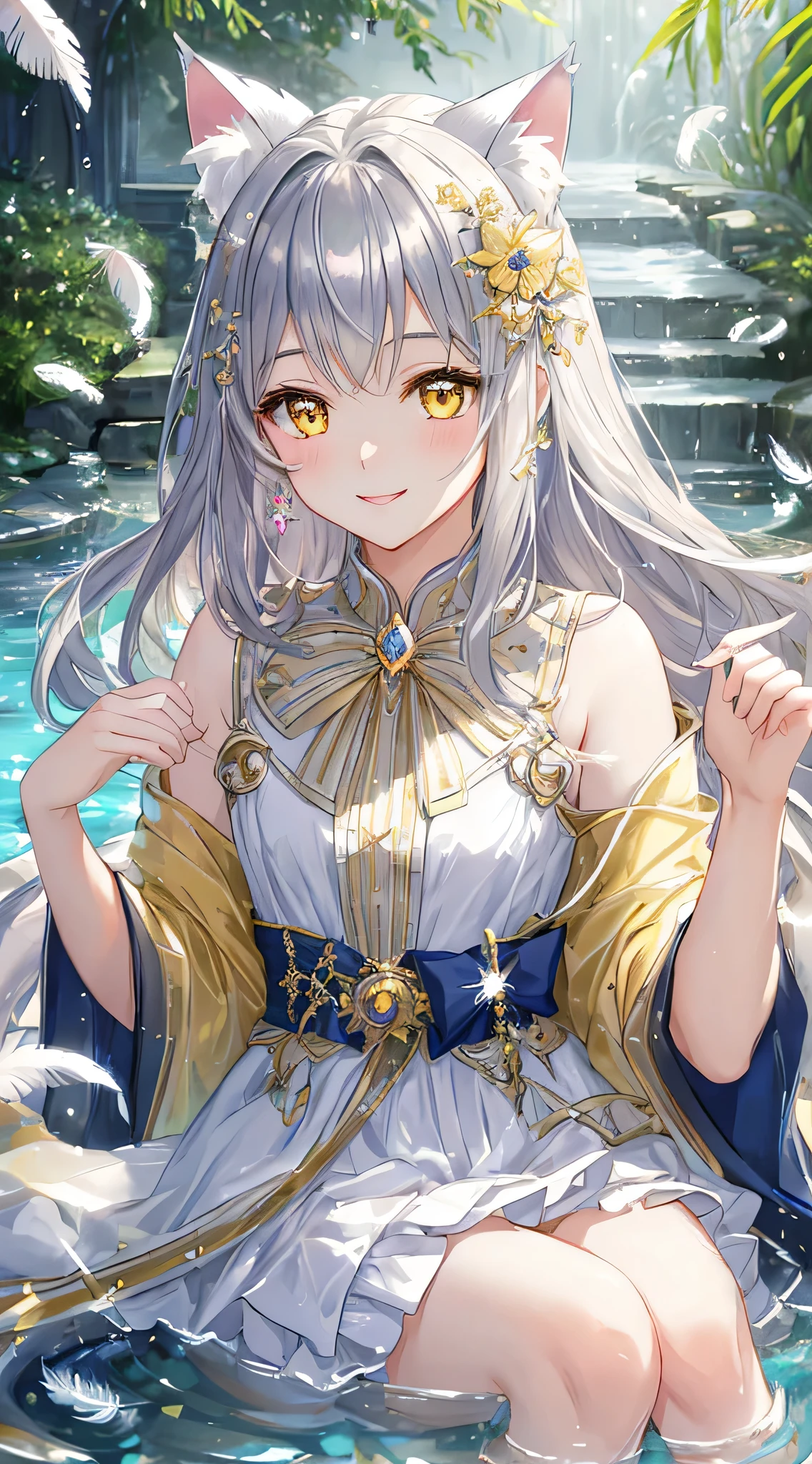 masterpiece,highest quality,Highly detailed face, water effects、Light effects、Feather Effect,Sparkling eyes,Highlighted eyes, Mid-chest,pretty girl,smile,Embarrassing,Cat ear,Beautiful silver hair,Pink inside,Beautiful yellow eyes,sunshine