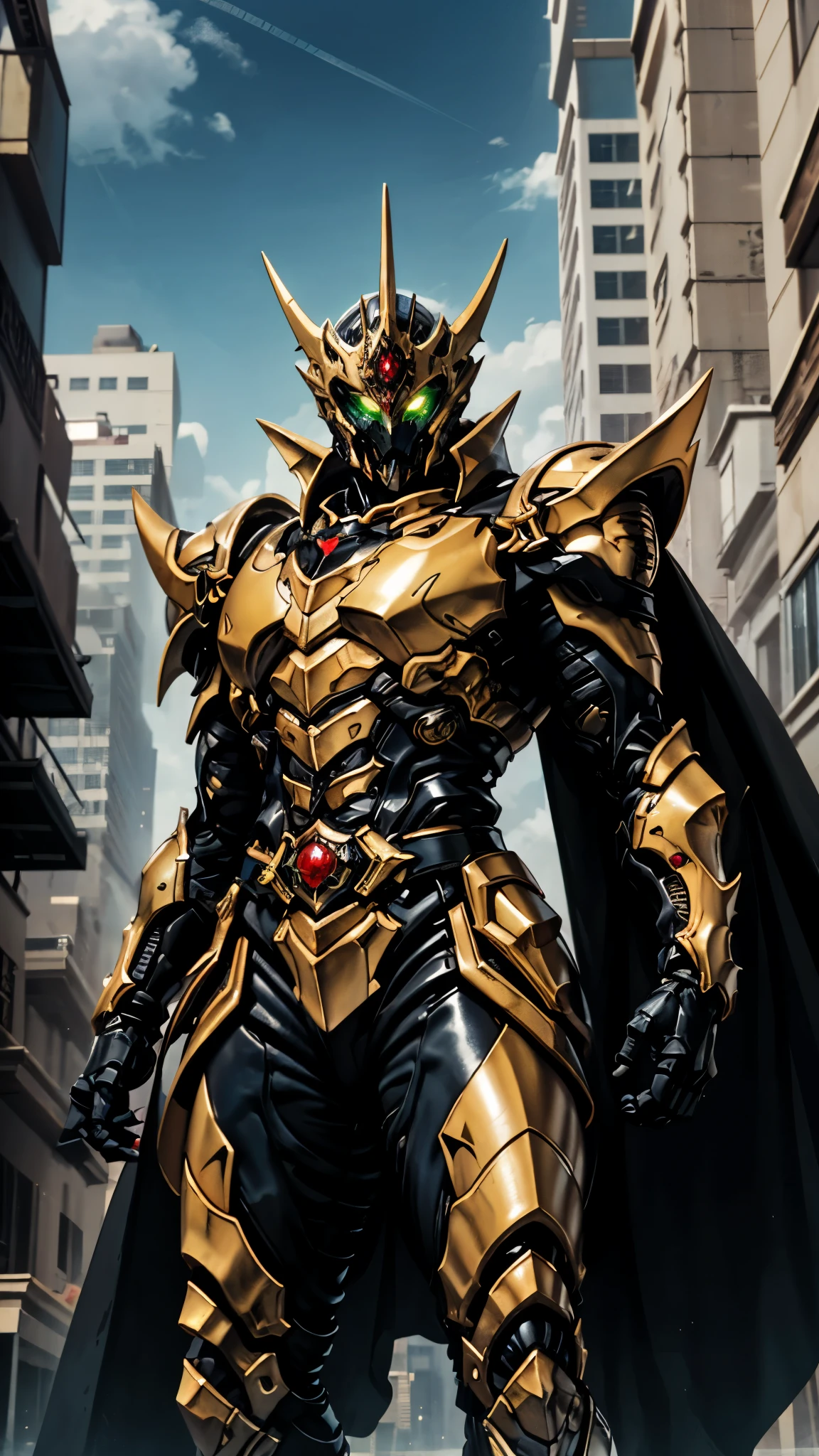 A man wearing a full-face helmet, a fantasy-style biotech armored combat suit, green eyes, (a composite layered chest armor), fully enclosed shoulder guards, matching arm and leg guards, the belt is adorned with fangs biting into gemstone, (the color scheme is primarily blue with black and red accents), the design balances heavy with agility, a high-tech bio-mecha armor, (Armor Concept Inspired by Vampire, the huge cape fluttering in the wind, stand on the top of a skyscraper in a futuristic sci-fi city), this character embodies a finely crafted fantasy-surreal style armored hero in anime style, exquisite and mature manga art style, (battle damage, element, blood, plasma, energy, the armor glows), ((male:1.5)), metallic, real texture material, dramatic, high definition, best quality, highres, ultra-detailed, ultra-fine painting, extremely delicate, professional, perfect body proportions, golden ratio, anatomically correct, symmetrical face, extremely detailed eyes and face, high quality eyes, creativity, RAW photo, UHD, 32k, Natural light, cinematic lighting, masterpiece-anatomy-perfect, masterpiece:1.5