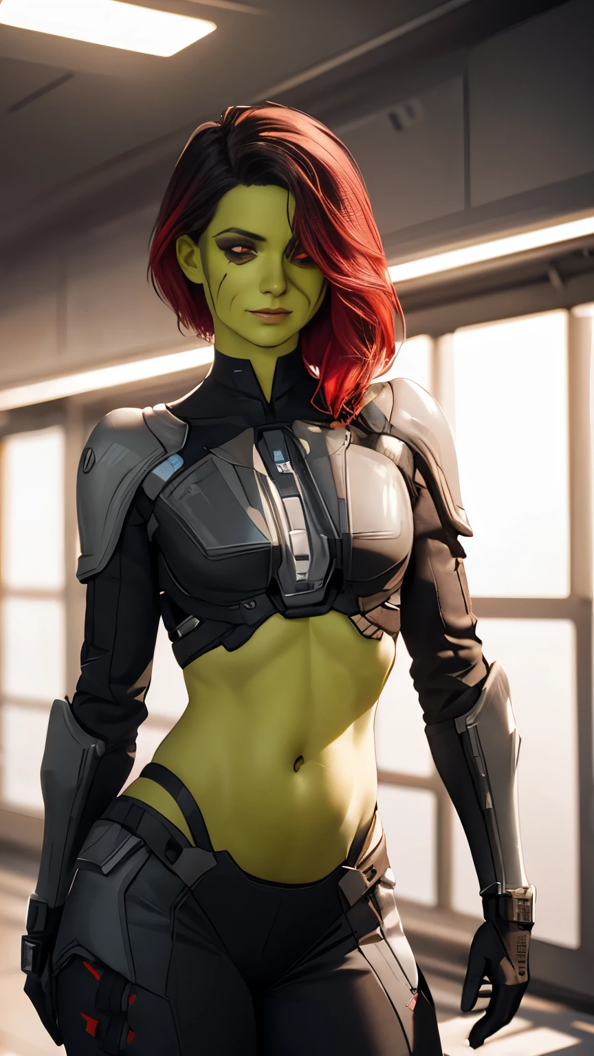 (Highly quality, masterpiece, detailed), science fiction city detailed scenario, science fiction detailed background, solo, 1woman, Gamora, green skin, multicolored hair, red eyes, hair over one eye, black and white cropped top, black and white leggings, armor, gloves, sleeves, belly button, light smile, beautiful eyes, look at the viewer, Sexy pose