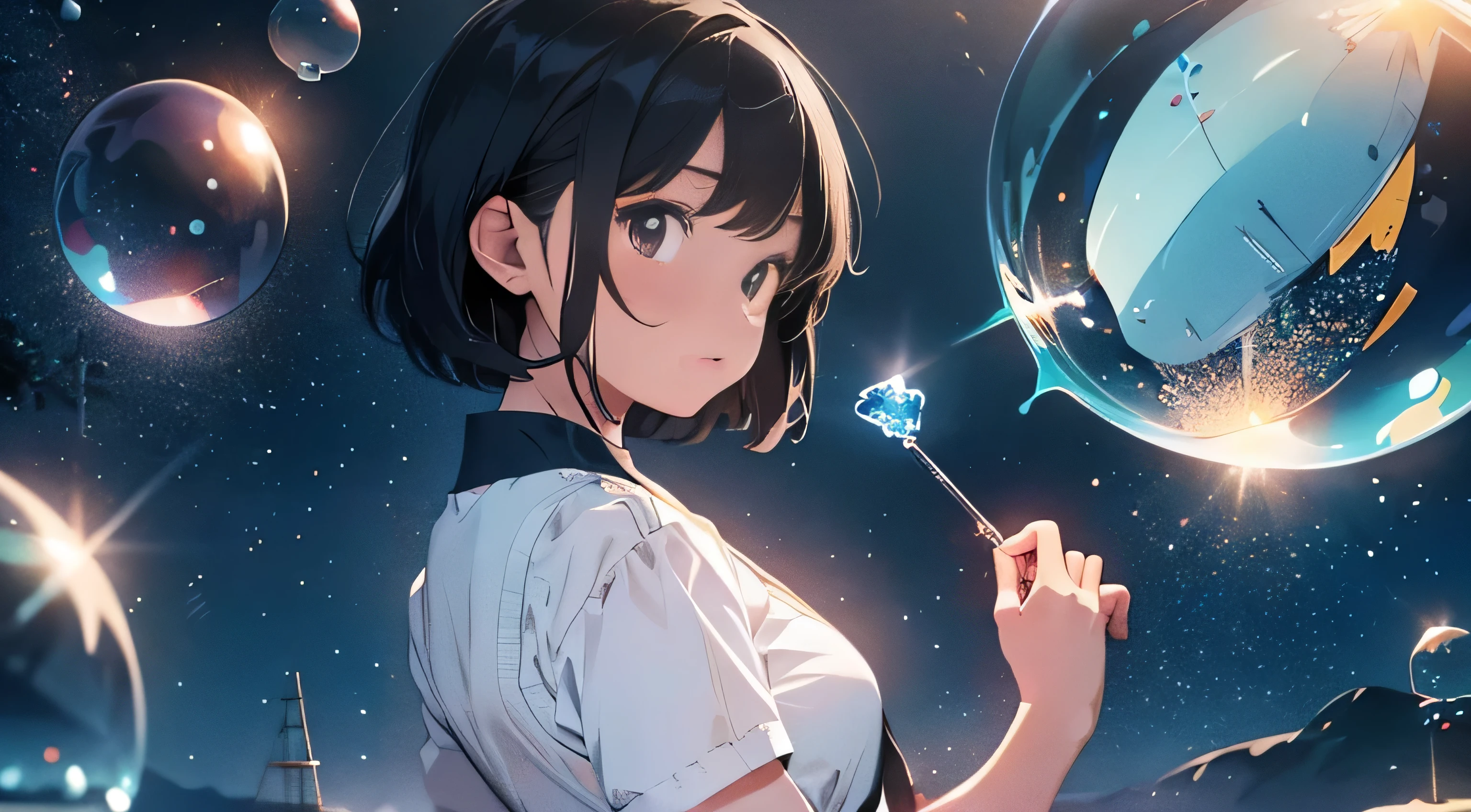 Girl with short black hair，Back view, Lots of colorful bubbles，Lots of sparkling, A small universe inside a bubble, Crystals in the bubbles,plant，blue，Spend time at the beach，masterpiece，4K